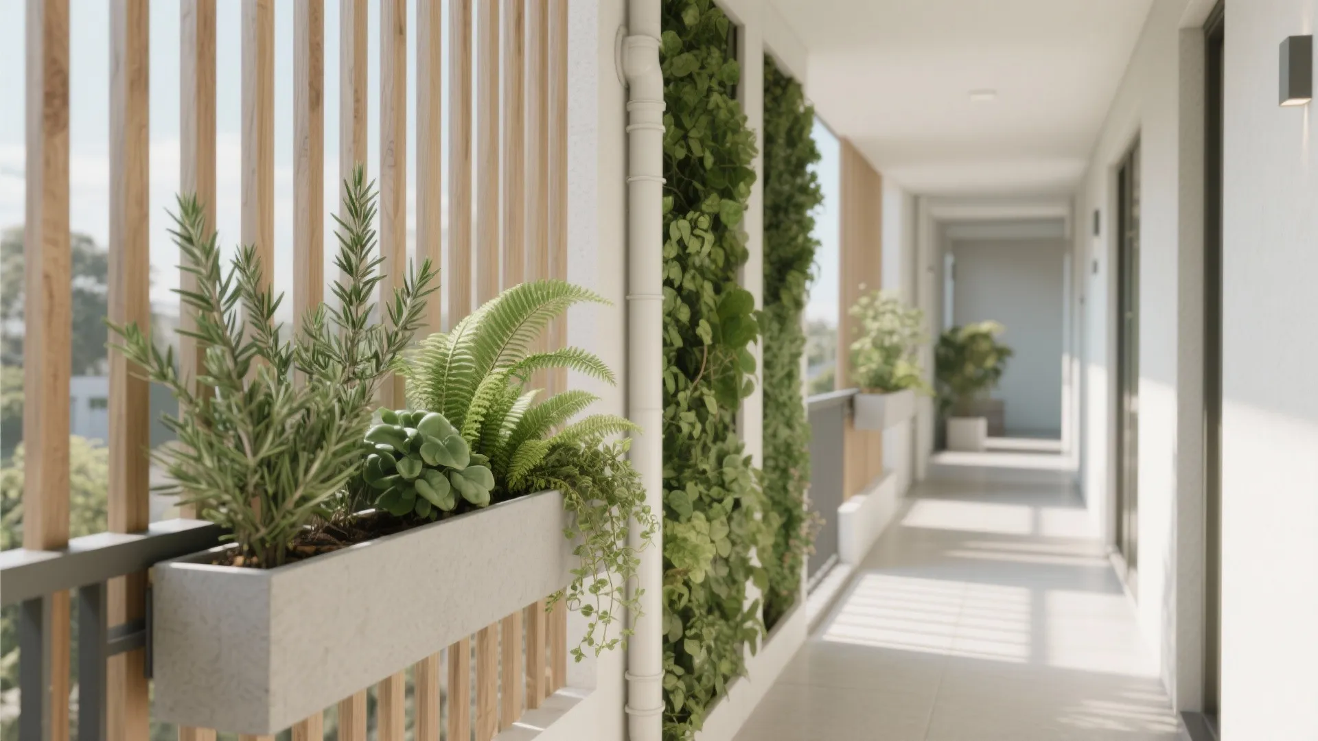Long apartment balcony with vertical garden walls green plants wooden panels and white tiled floor area