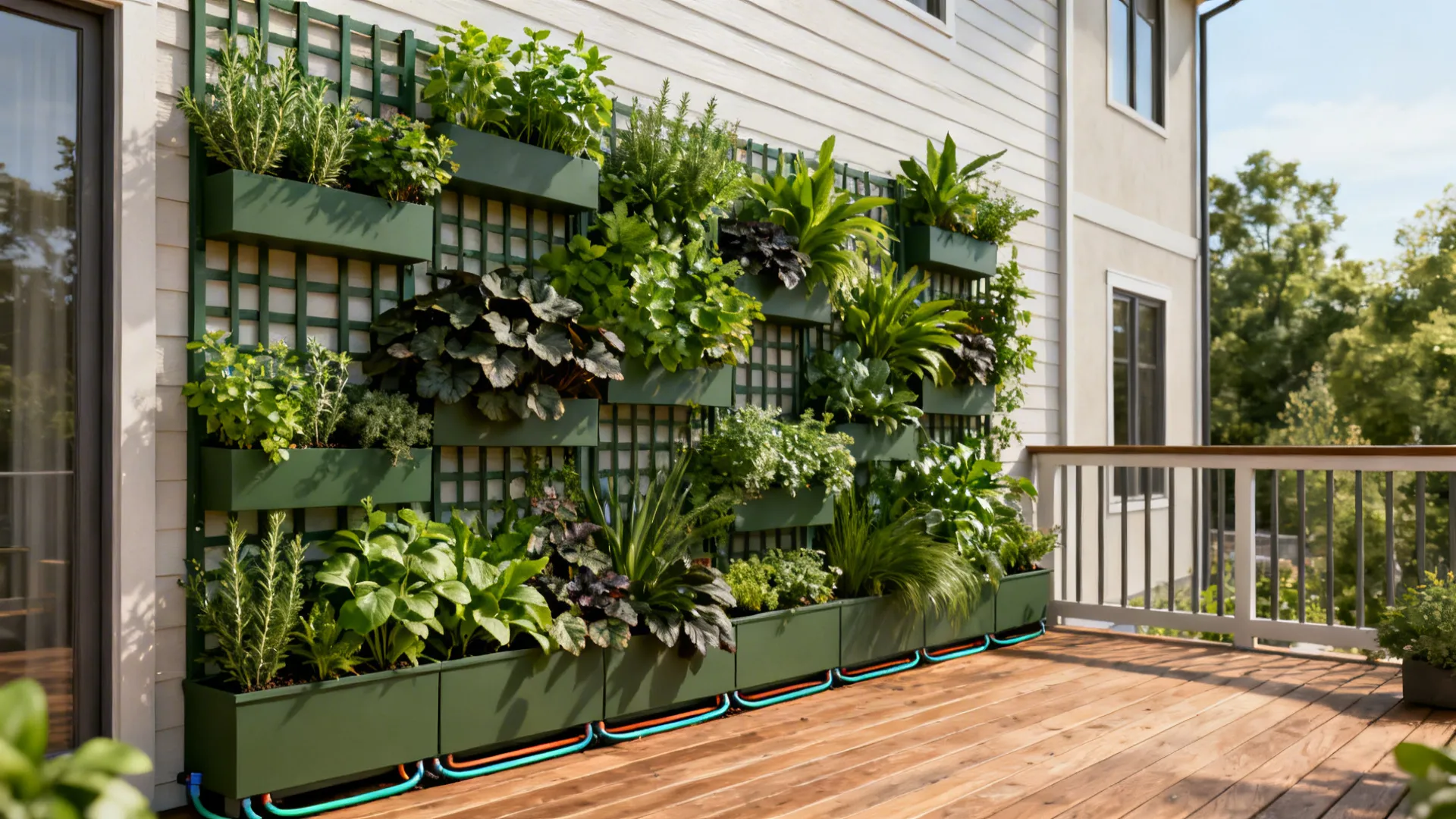 Vertical living wall with herbs and planters on a small patio trellis