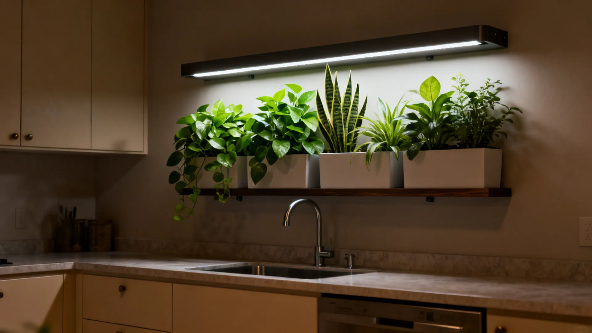 Vertical garden over a sink with low-light plants and hidden grow strip creating a living focal point.
