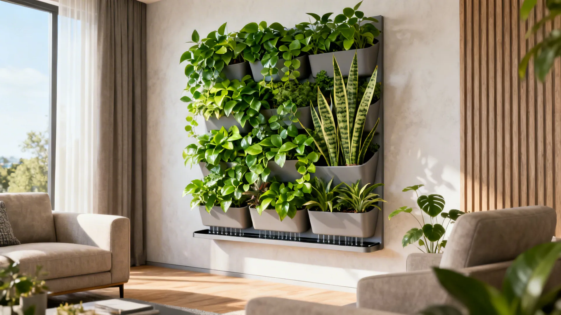 Indoor vertical garden living wall with lush green plants and lightweight planter pockets
