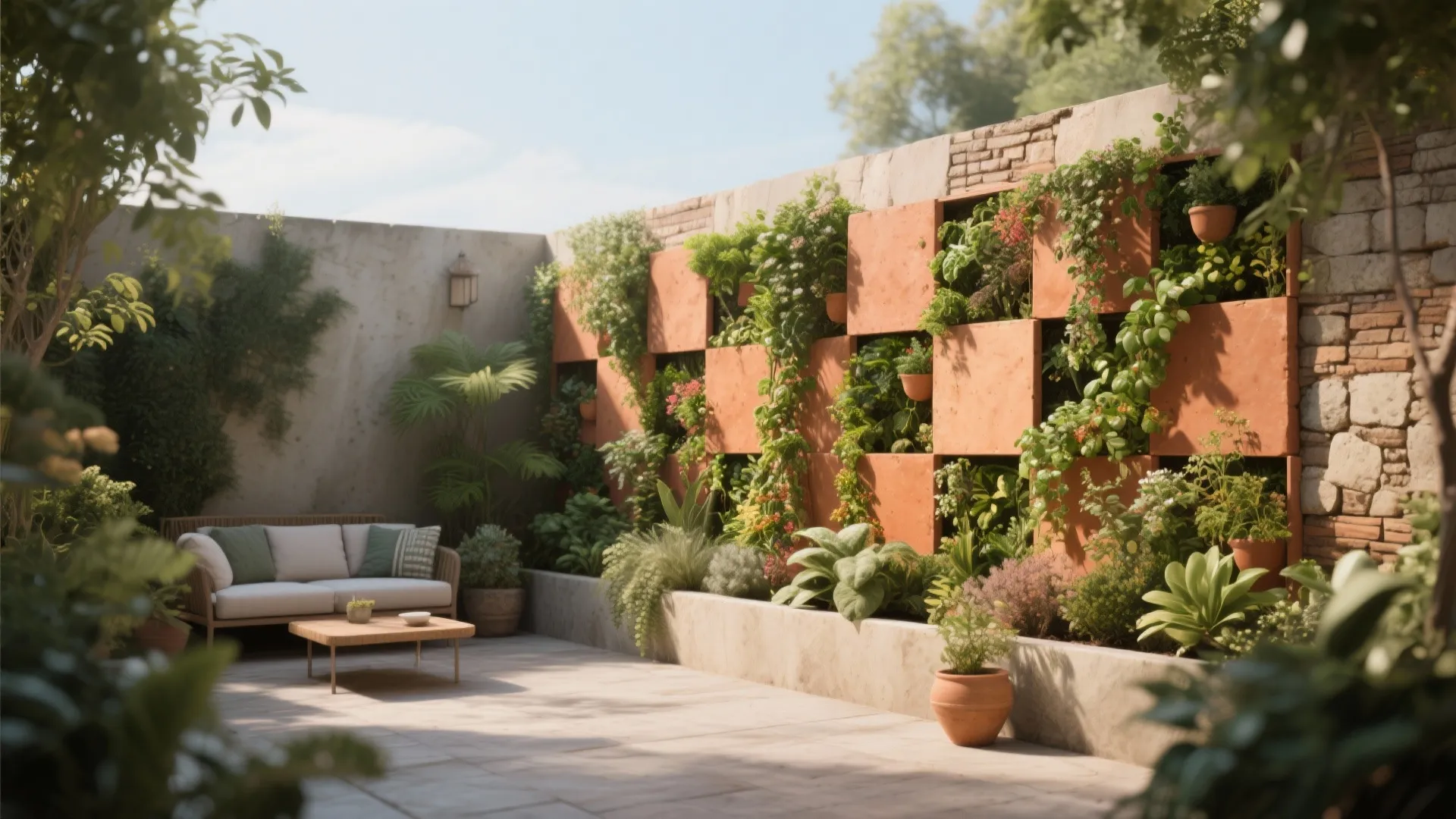 Modern patio with outdoor sofa and coffee table next to a vertical garden wall design