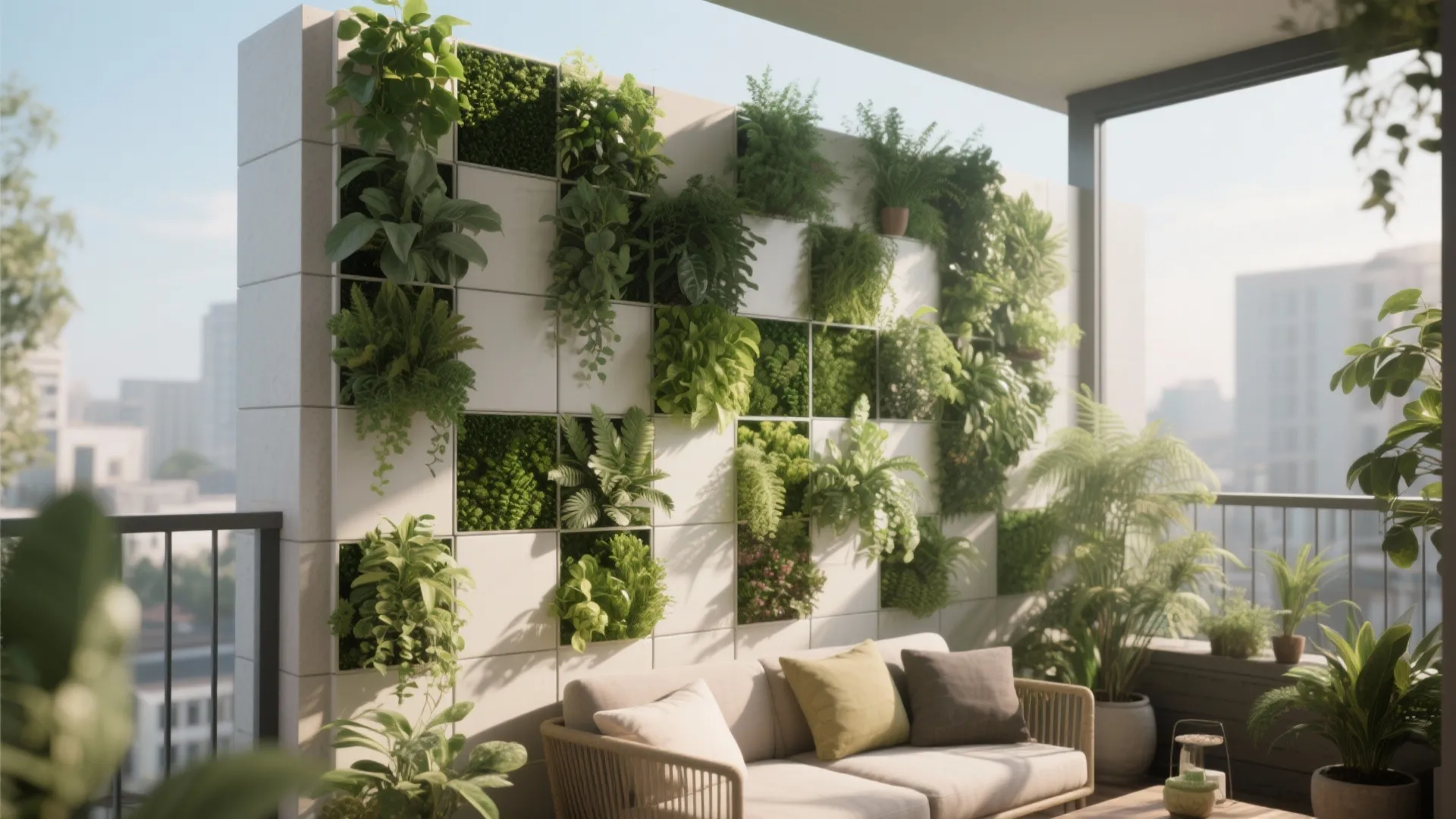 Modern balcony featuring a vertical garden wall with green plants and a comfortable outdoor sofa