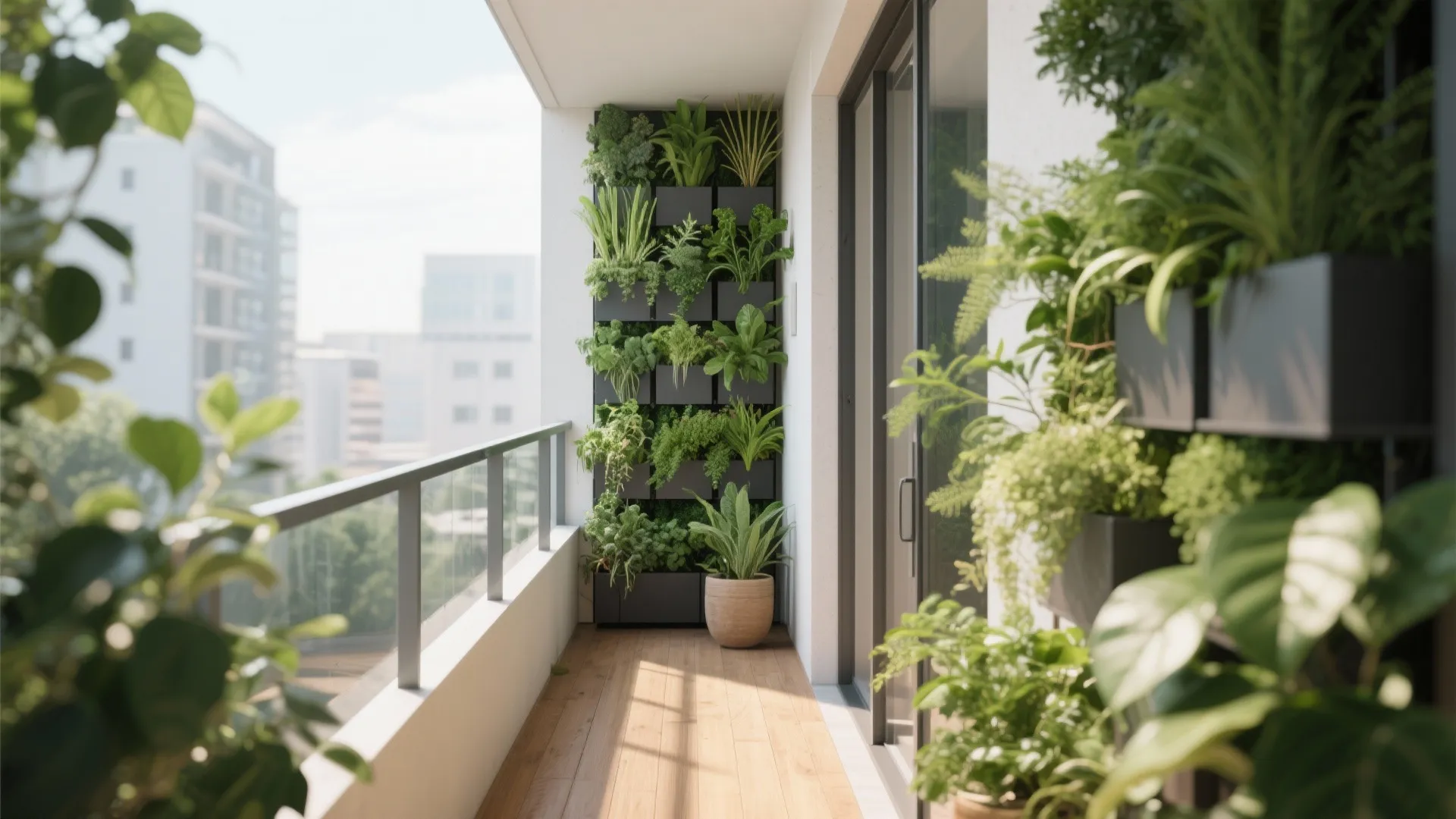 Bright apartment balcony featuring a large green wall with many different plants and wooden flooring