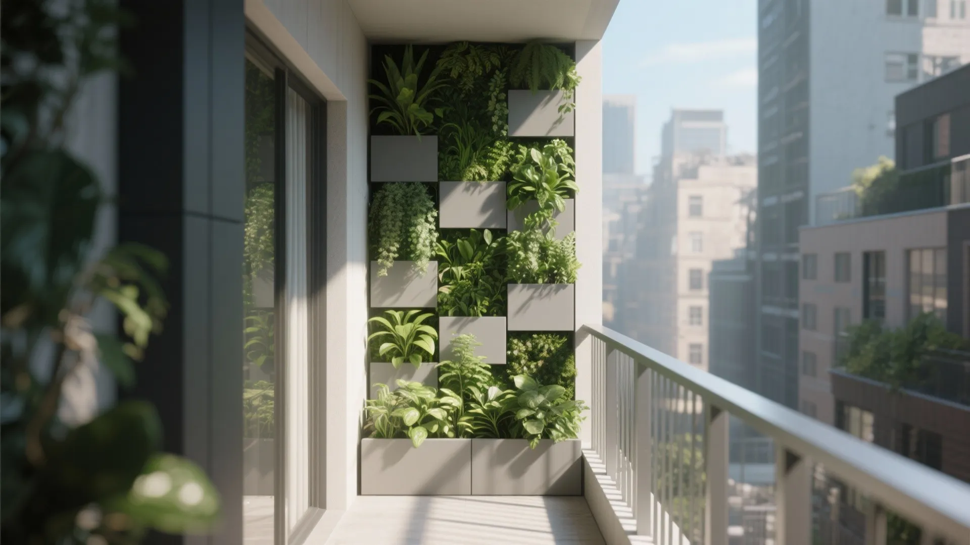 Balcony wall with vertical garden in grey boxes filled with green plants and city views