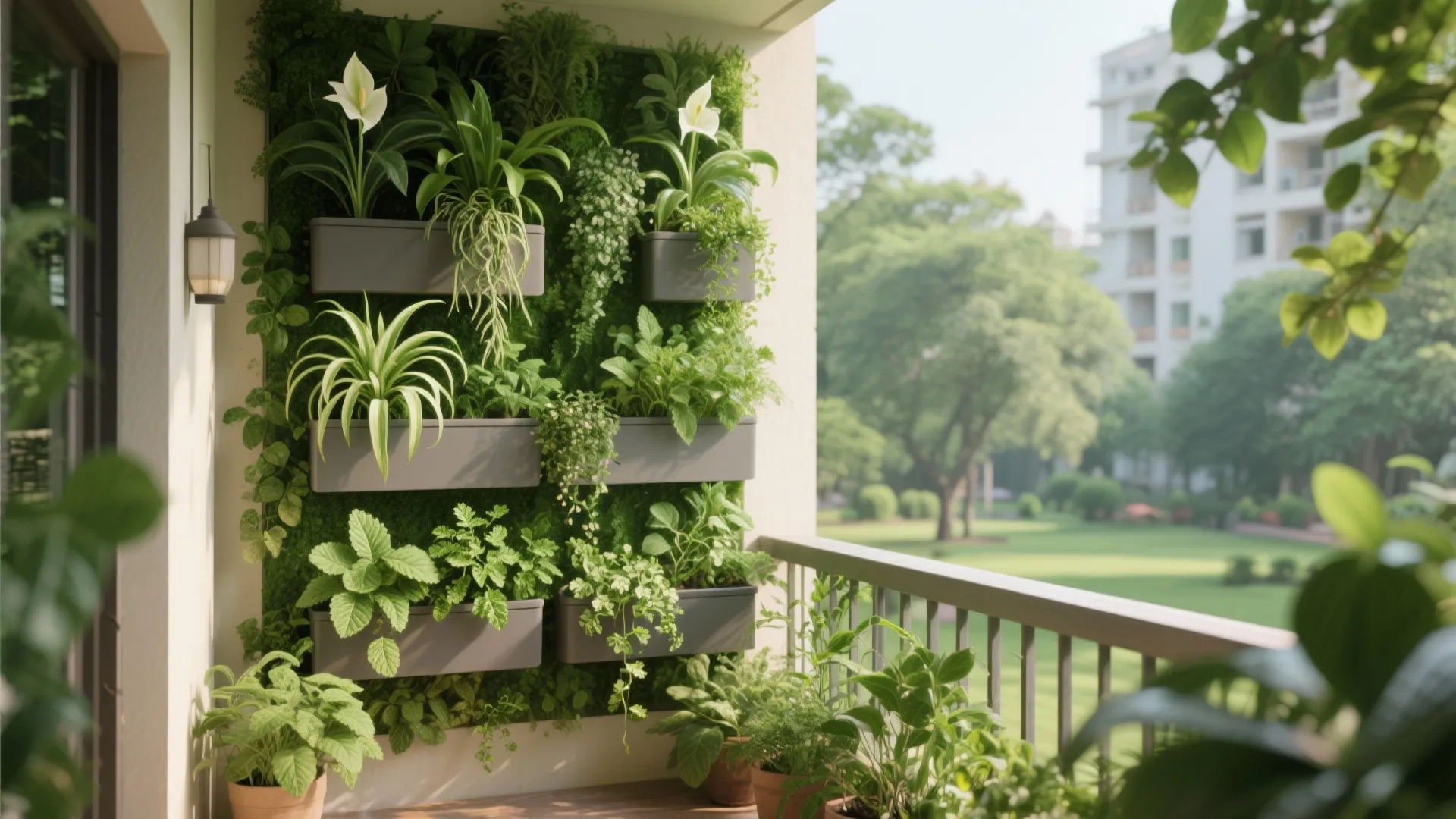 Vertical garden wall with green plants and white flowers on a sunny balcony overlooking trees