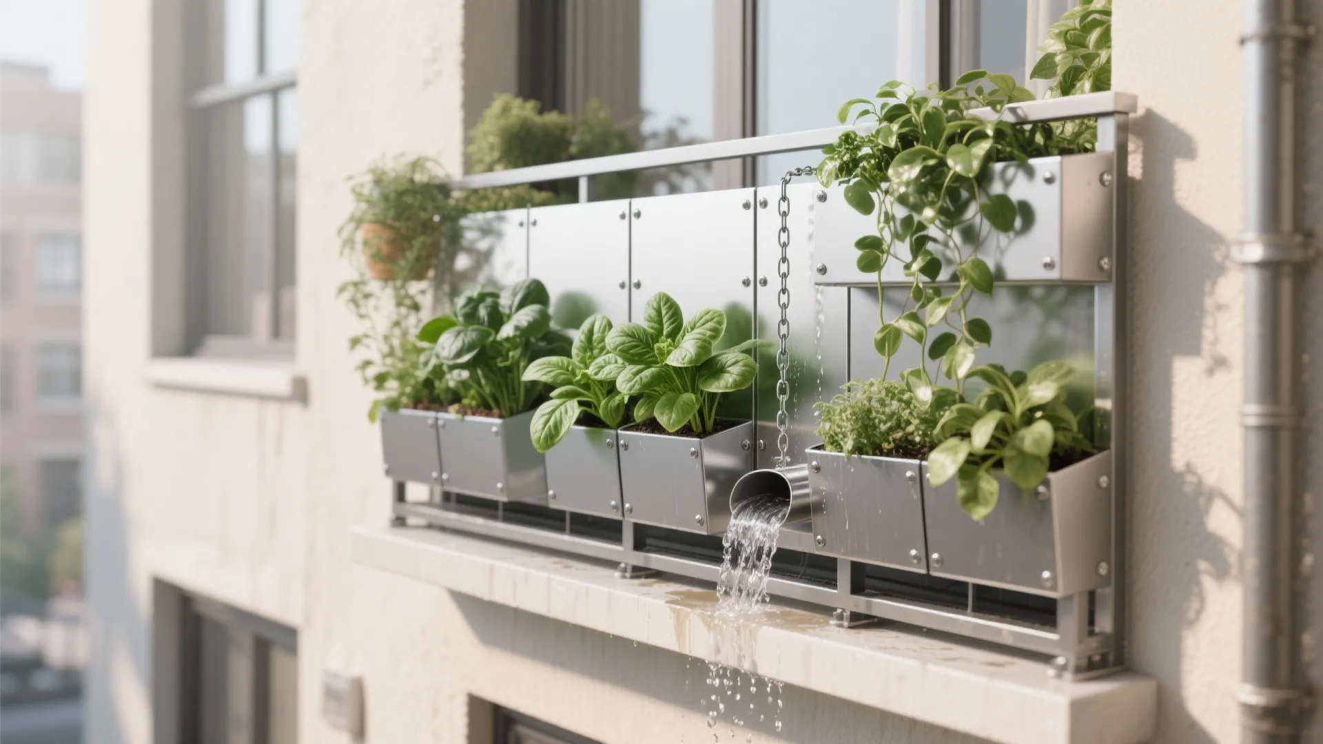 Vertical garden with modular pockets and a rain chain draining into a trough on a small Bangalore balcony.