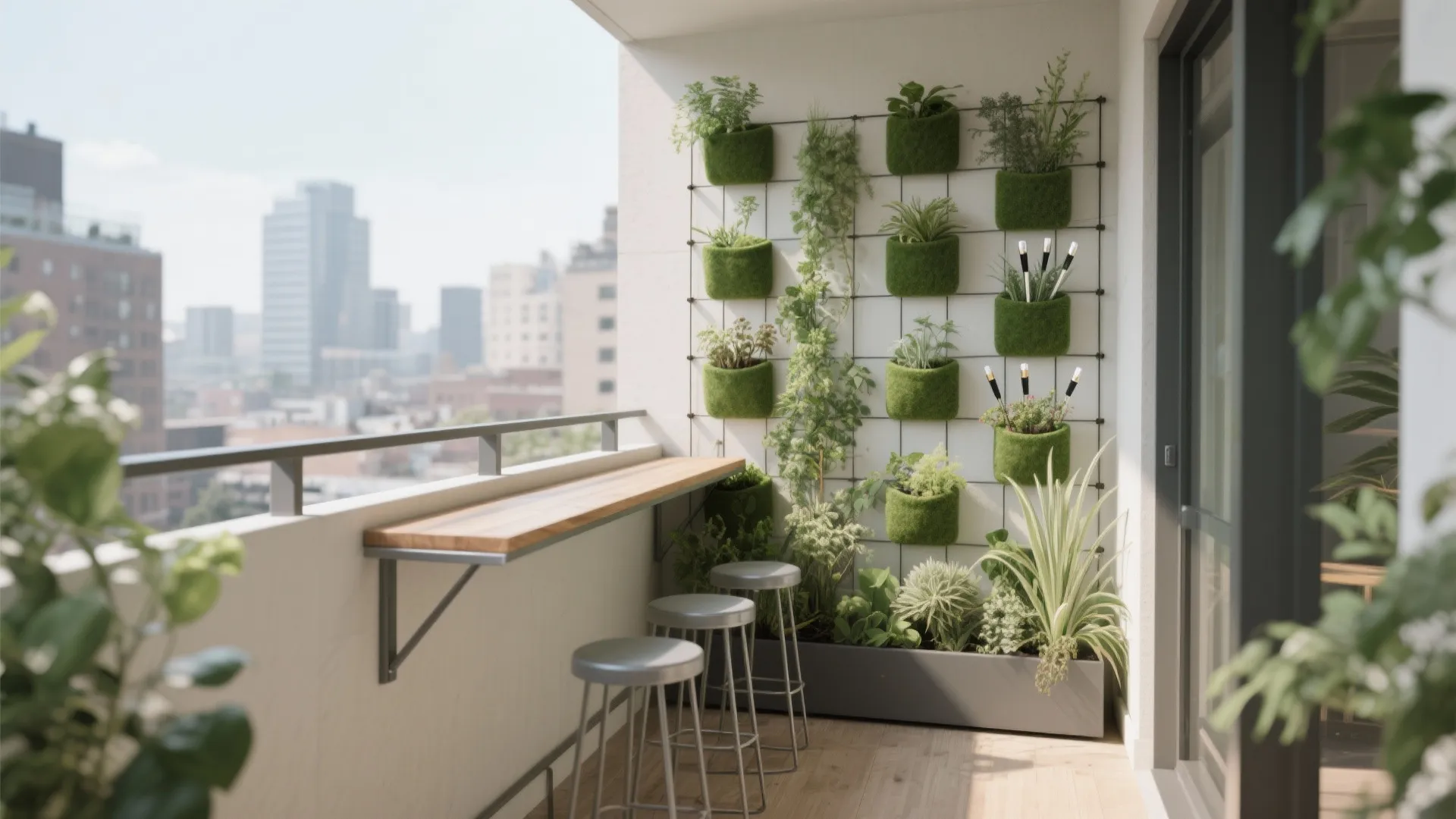 Modern balcony featuring a vertical plant wall, wooden bar counter, metal stools, and city view