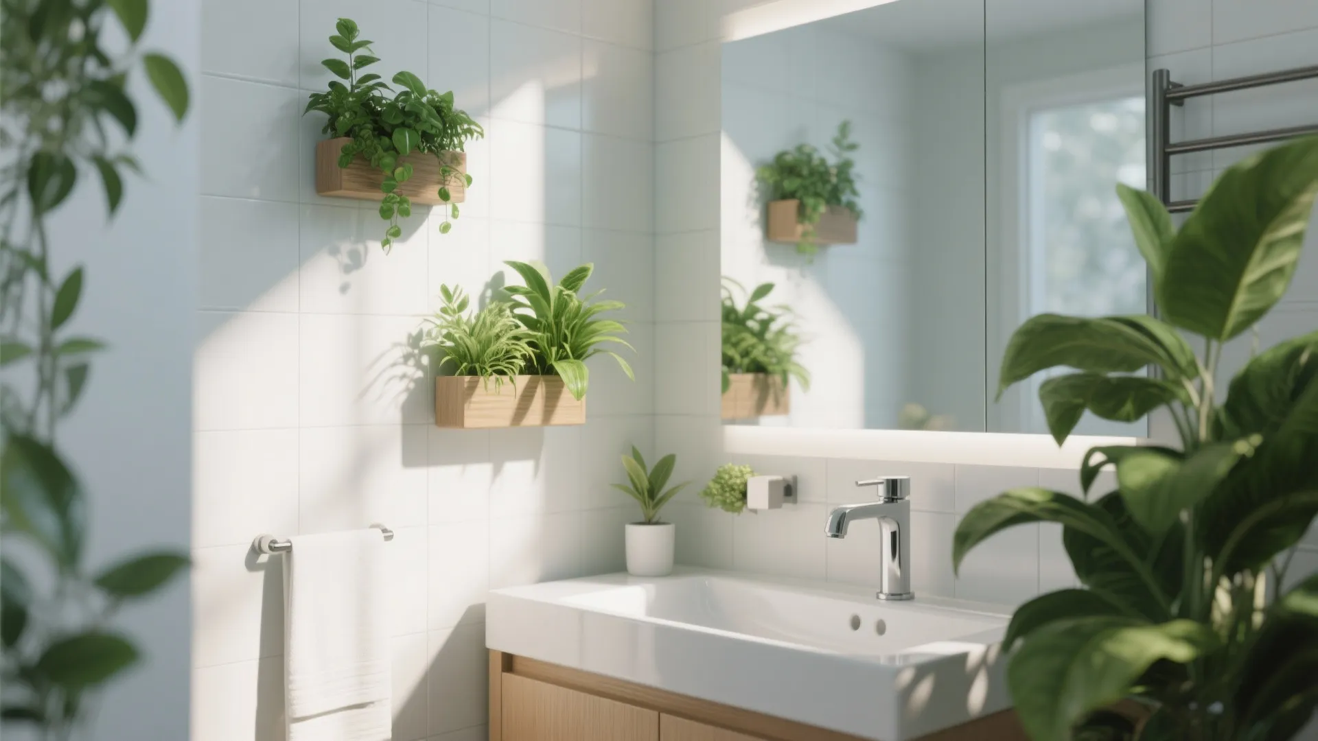 White bathroom with wood vanity, white sink, green wall plants, and bright natural outdoor light