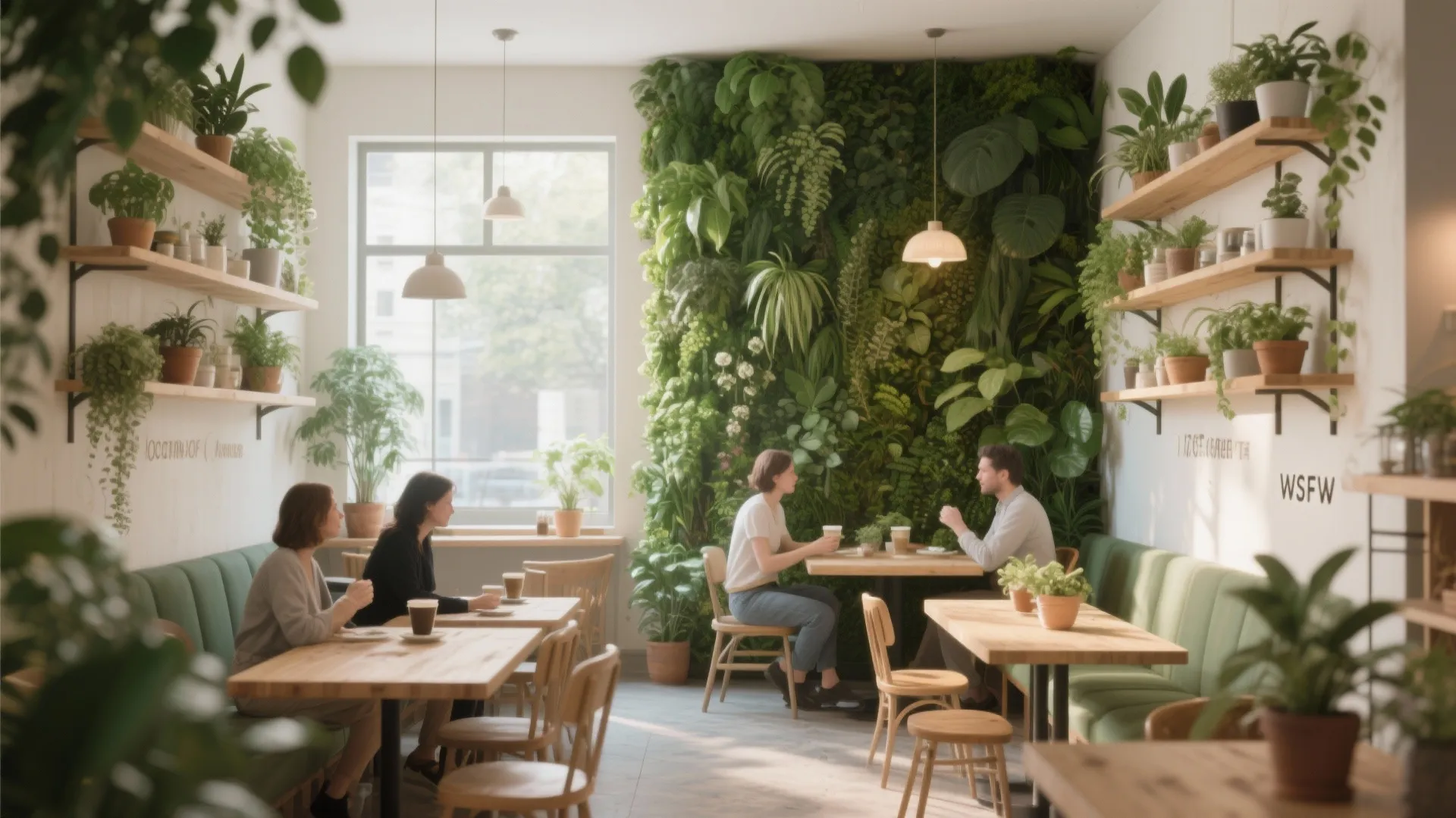 Bright cafe featuring large green plant wall wooden shelves with potted plants and people sitting together