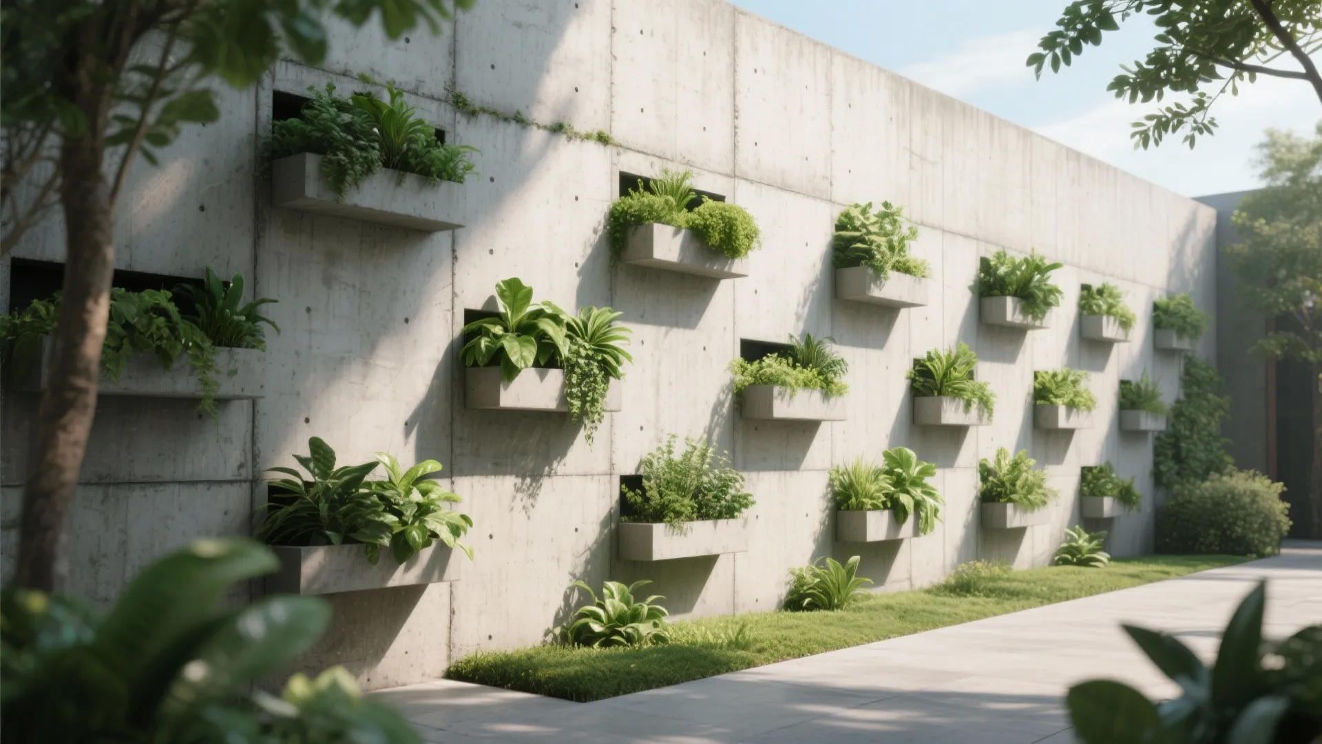 Large concrete wall featuring square boxes with green plants along a sunny outdoor garden path