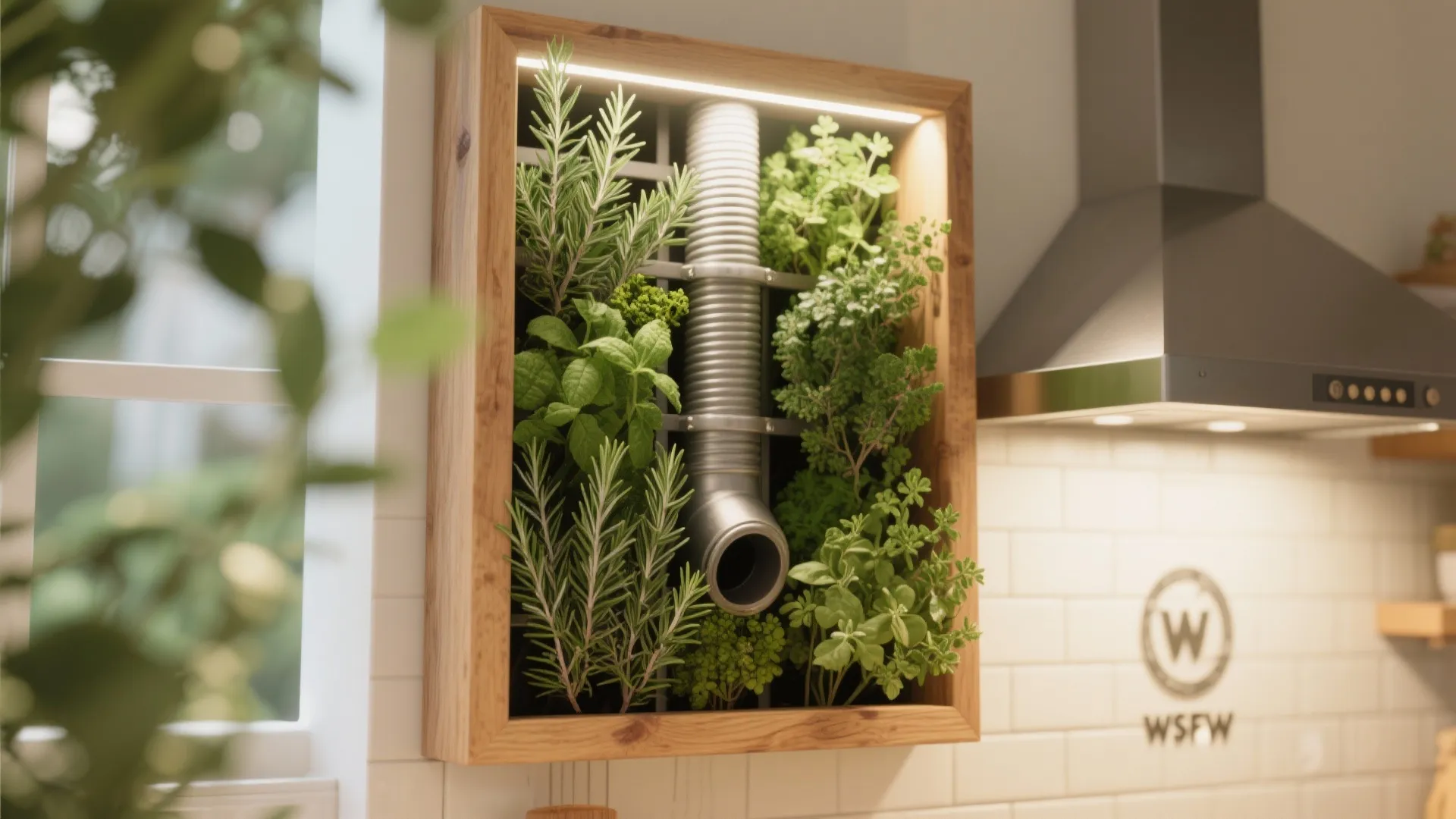 Vertical herb garden installed around a kitchen chimney pipe