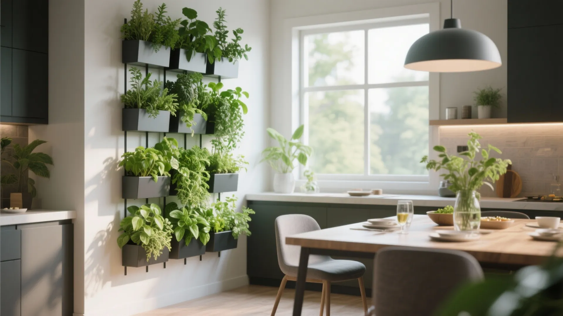 Lush vertical garden in dining corner