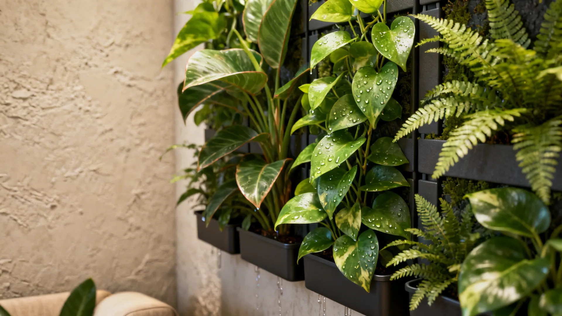 Modular living wall with pothos and ferns mounted in a living room corner