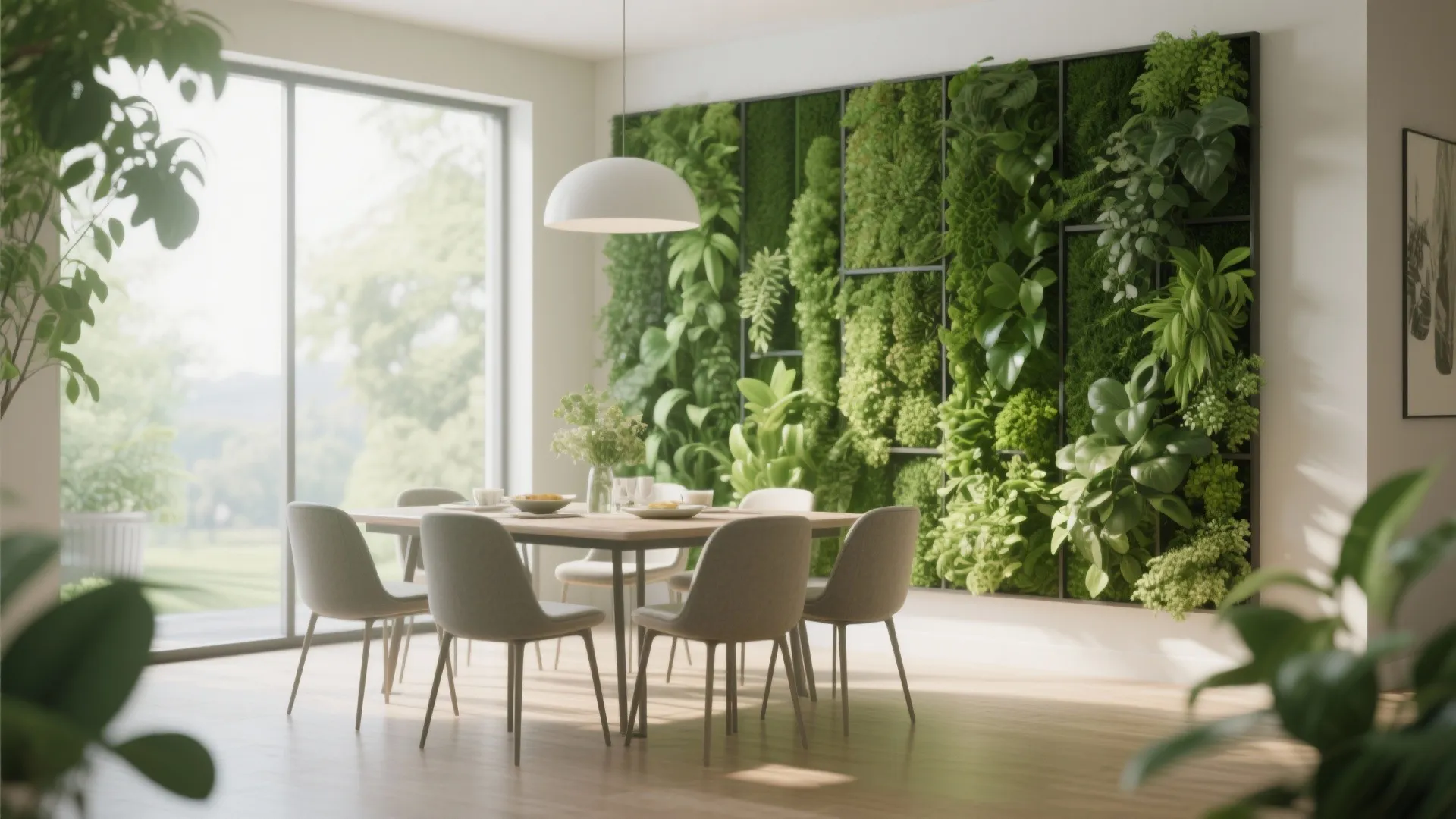 Bright dining area with large green plant wall behind wooden table and modern grey chairs