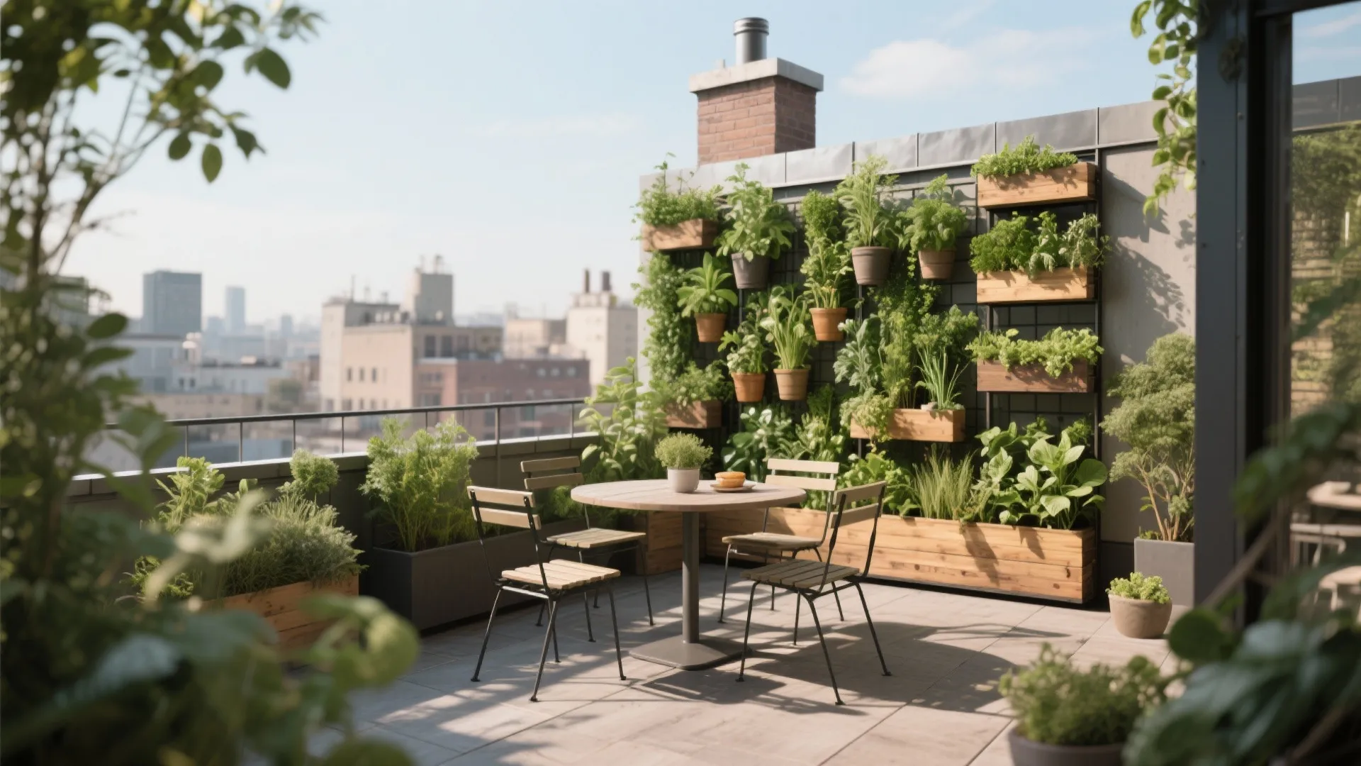 Outdoor dining on rooftop with lush vertical herb garden backdrop