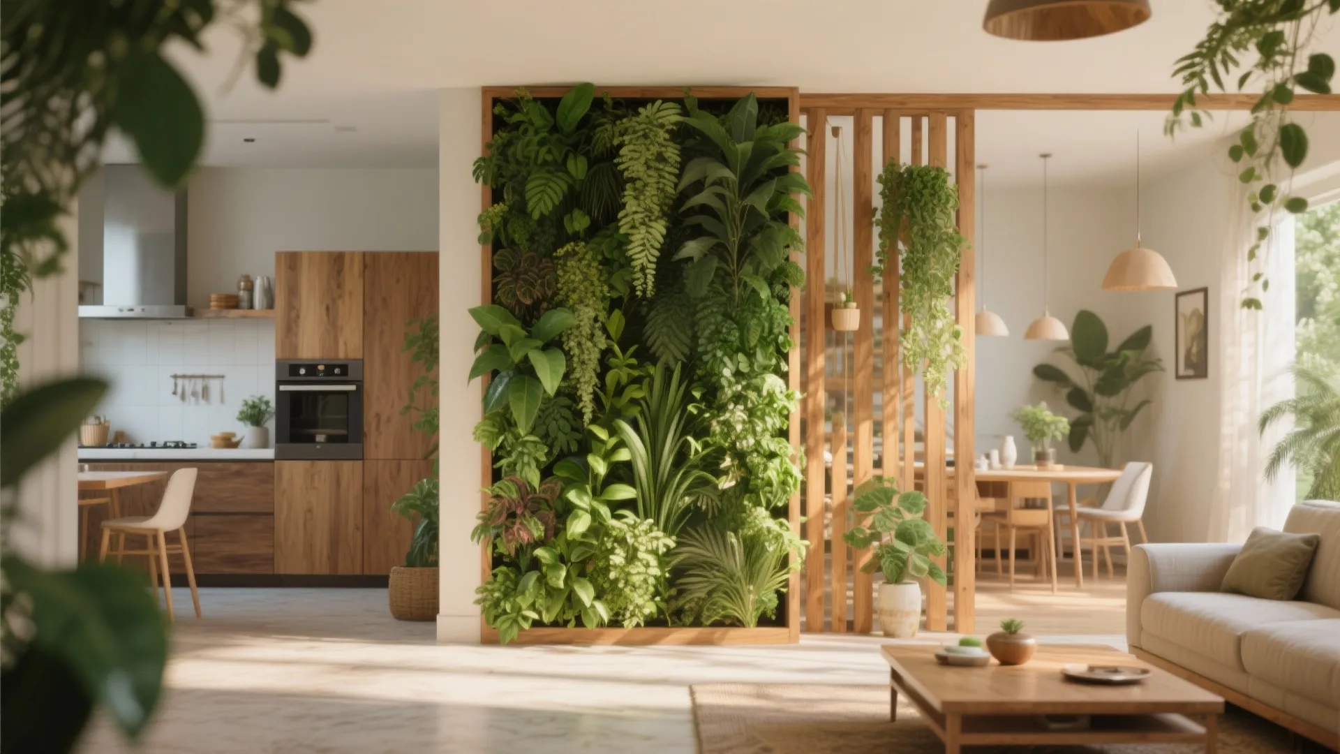 Living room and kitchen separated by a wooden vertical garden wall featuring various green plants