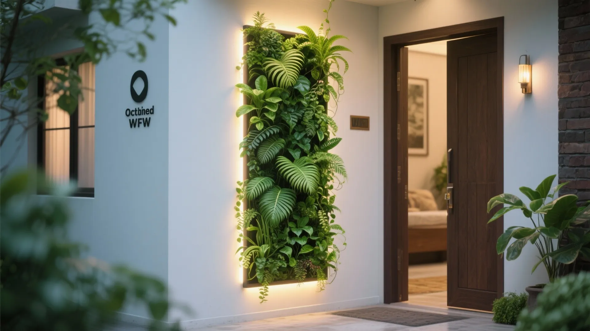 Modern house entrance featuring a vertical green plant wall with backlighting next to wooden door