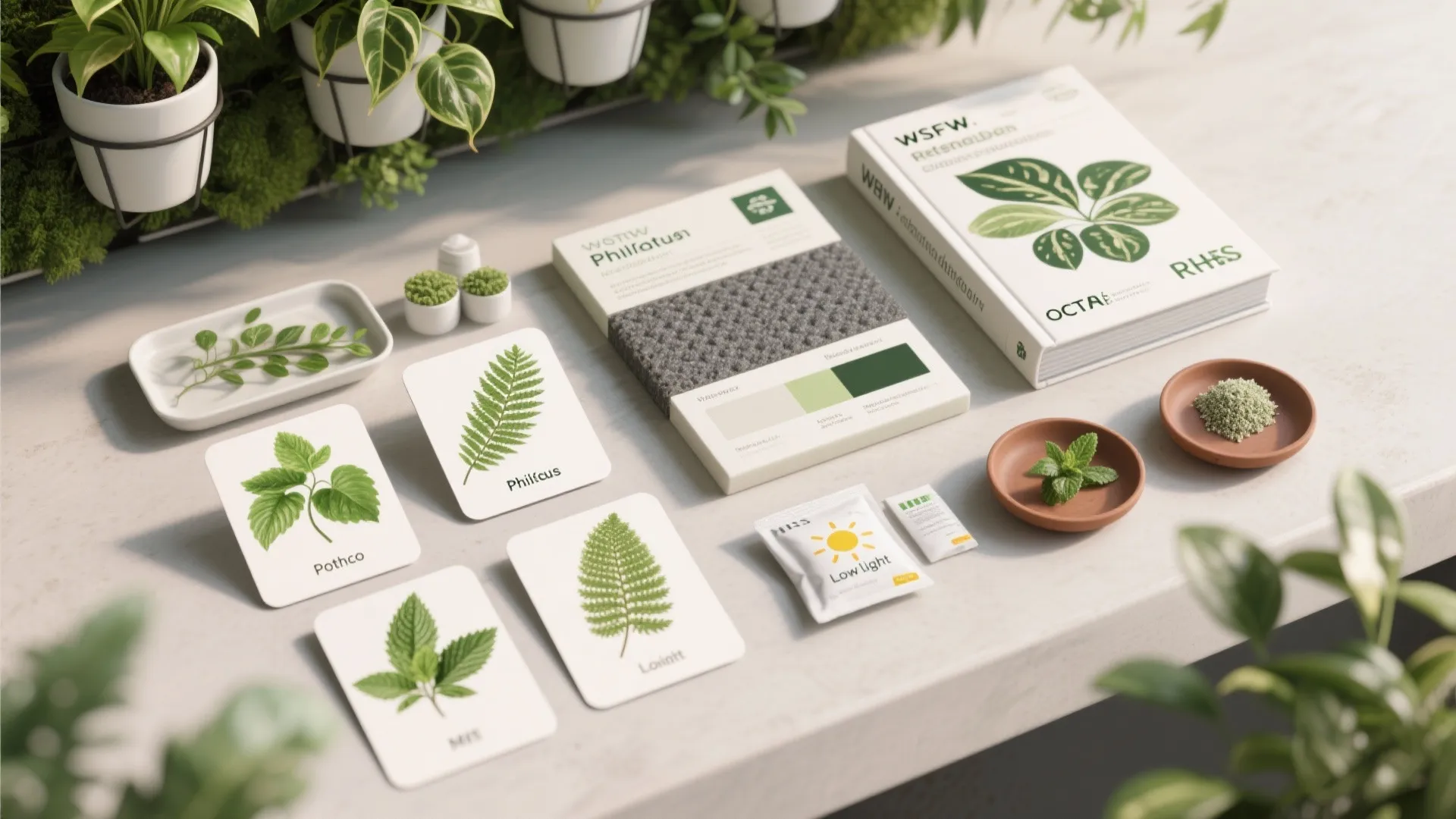 Material flatlay of plant-care items and reference cards for choosing and maintaining vertical garden plants.