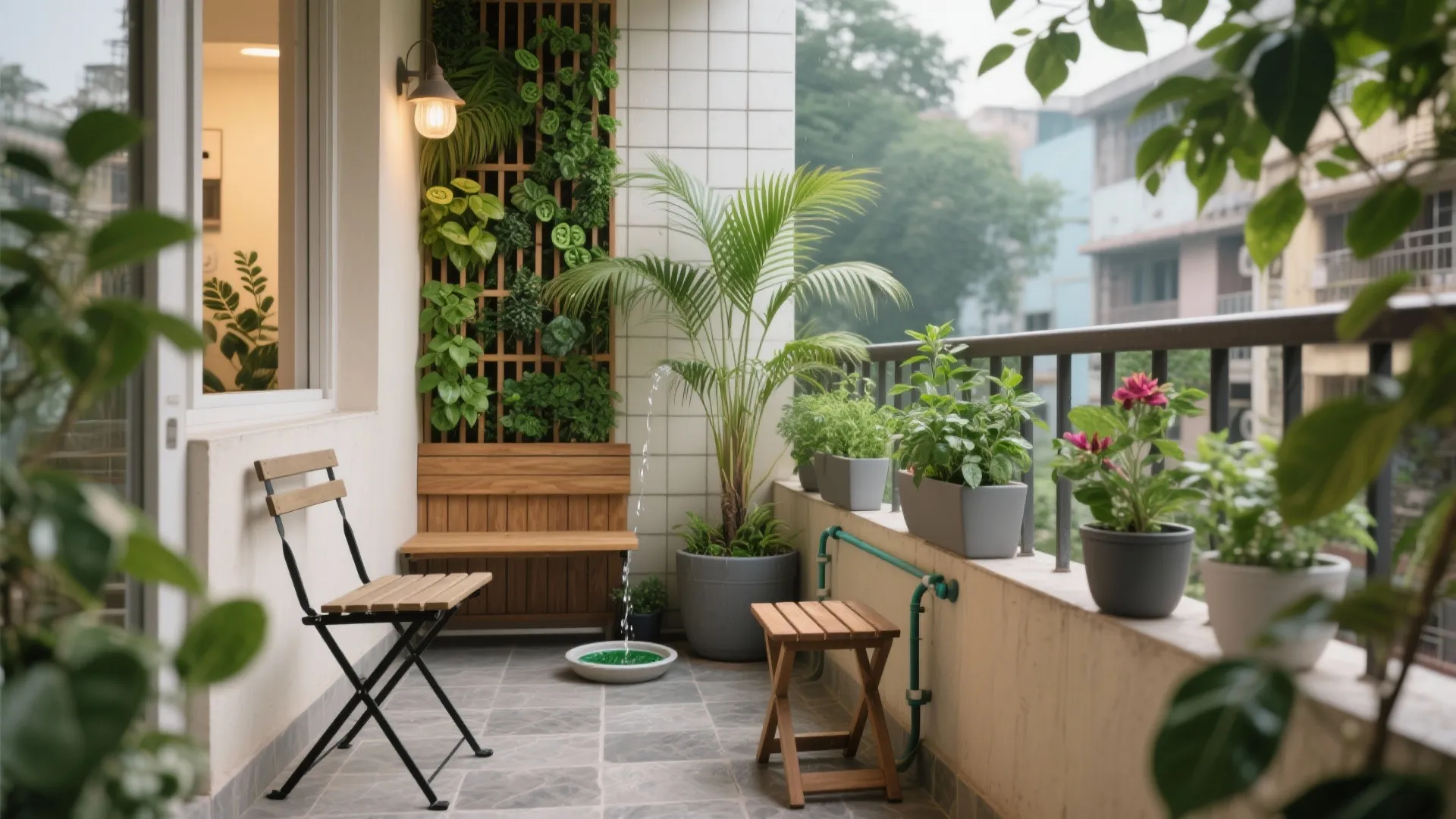 Slim vertical garden with hardy plants and a foldable bench on a small Indian balcony.