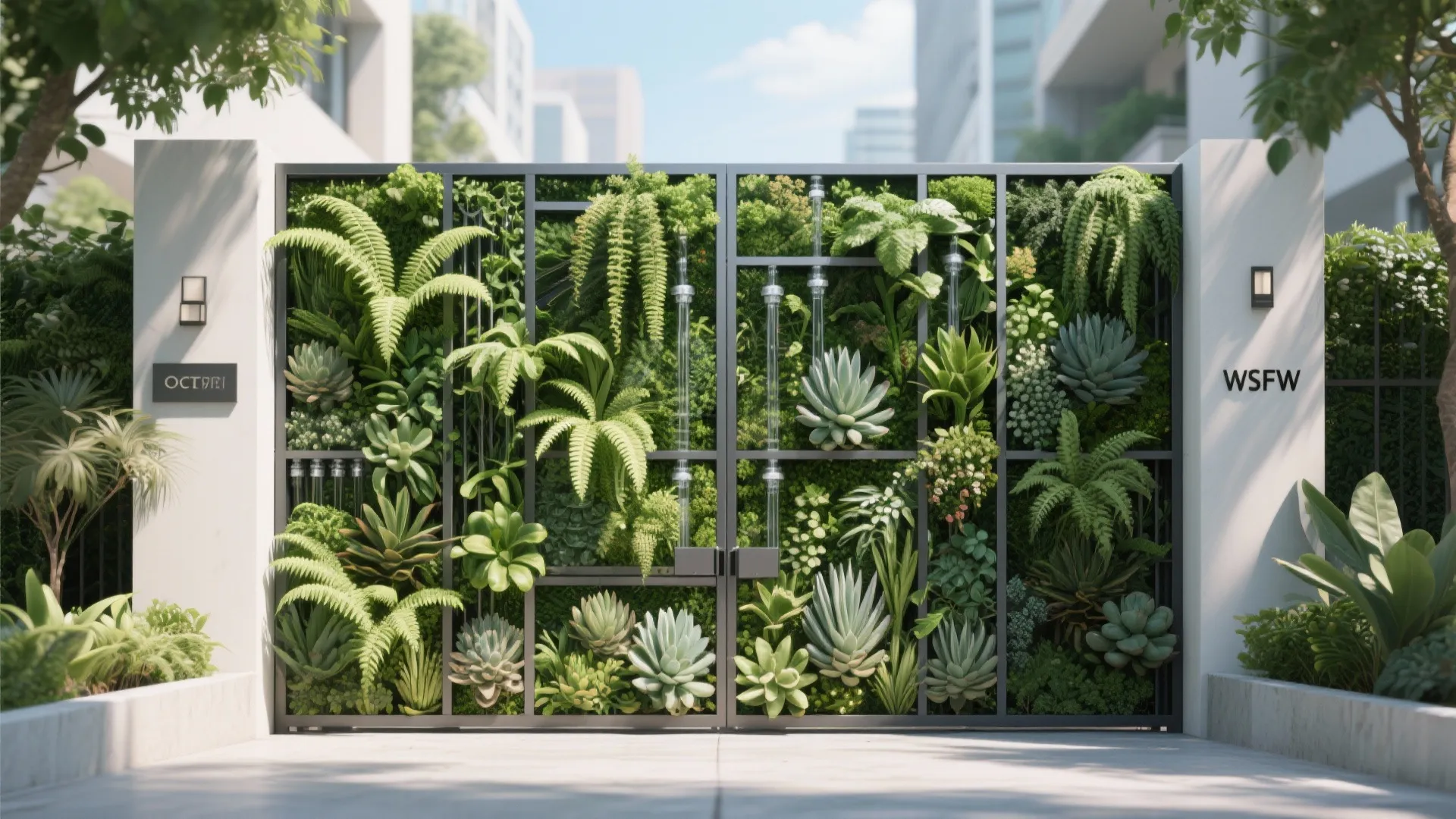 Vertical garden gate filled with green plants and succulents between white pillars with small wall lights