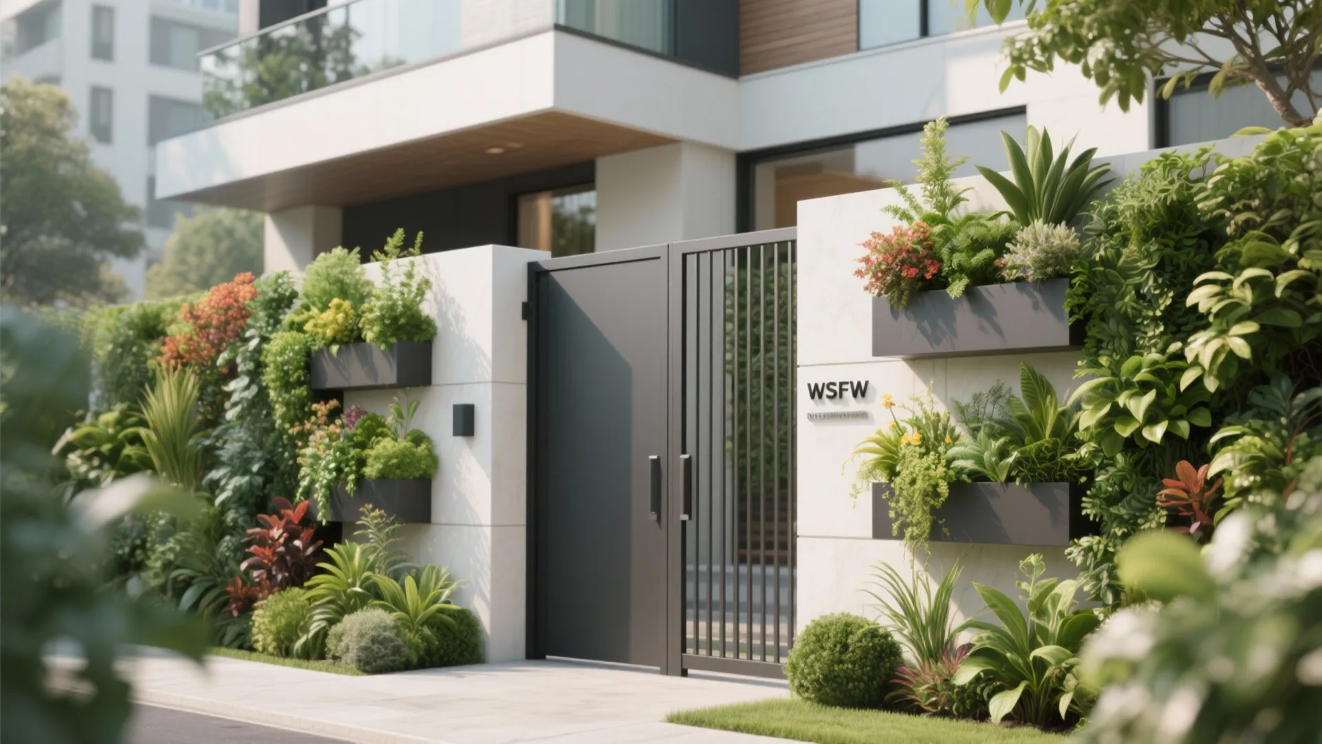 Modern black metal garden gate surrounded by white walls with built in green vertical plants