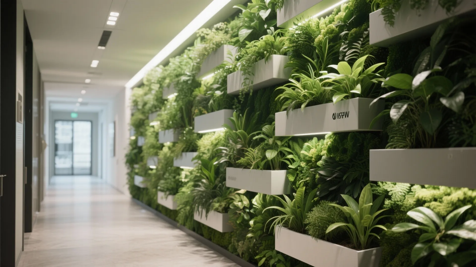 Indoor white hallway featuring a large green plant wall with multiple lit white planter boxes