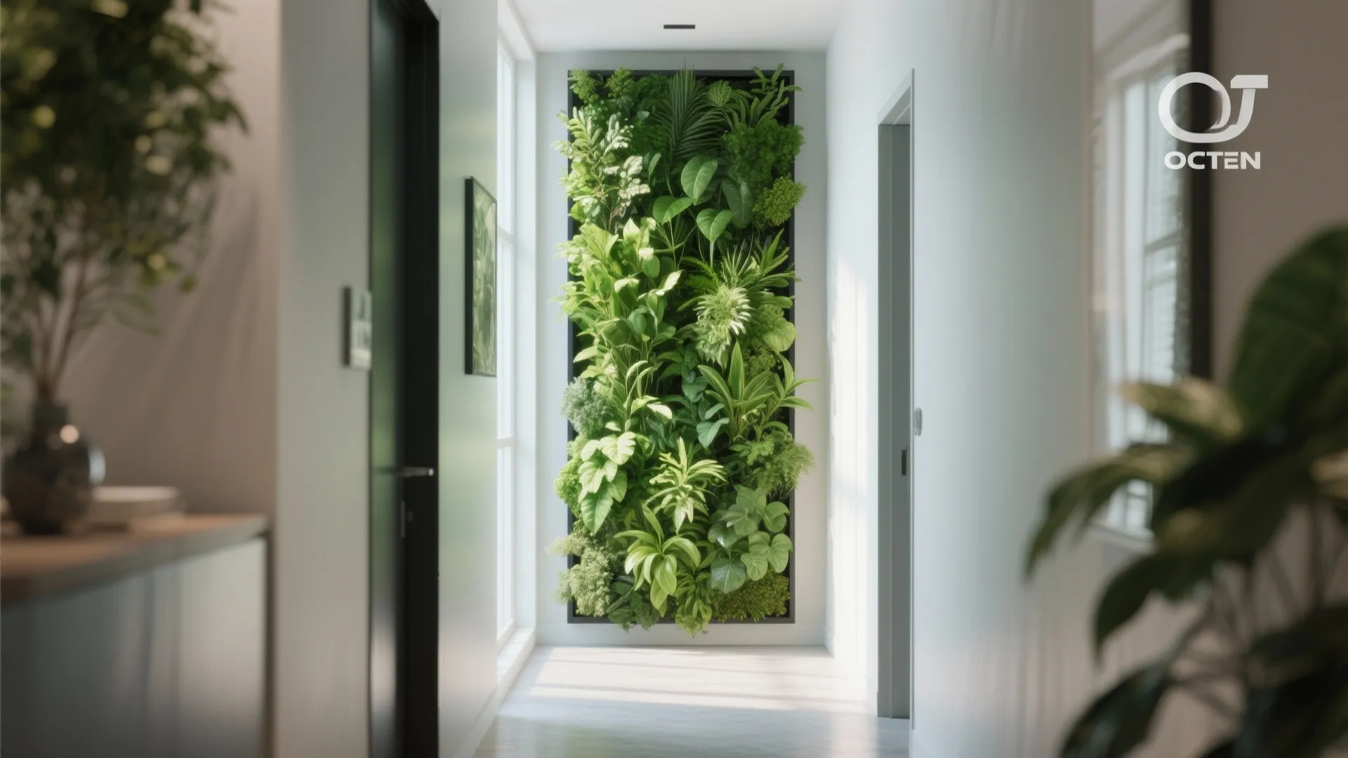 Bright white hallway featuring a large vertical green plant wall at the end of the corridor