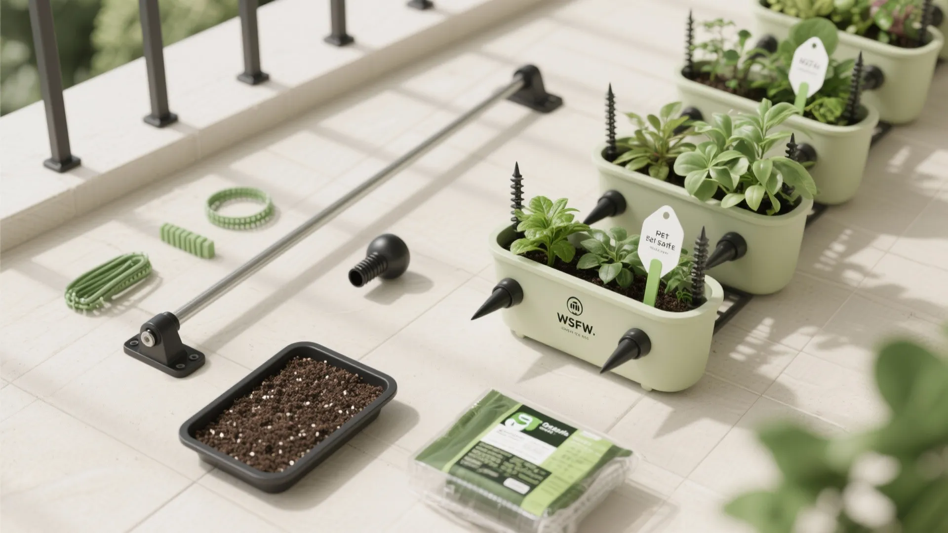 Flat lay of planters, self-watering spikes, zip ties, tension rod, and soil for a vertical garden.