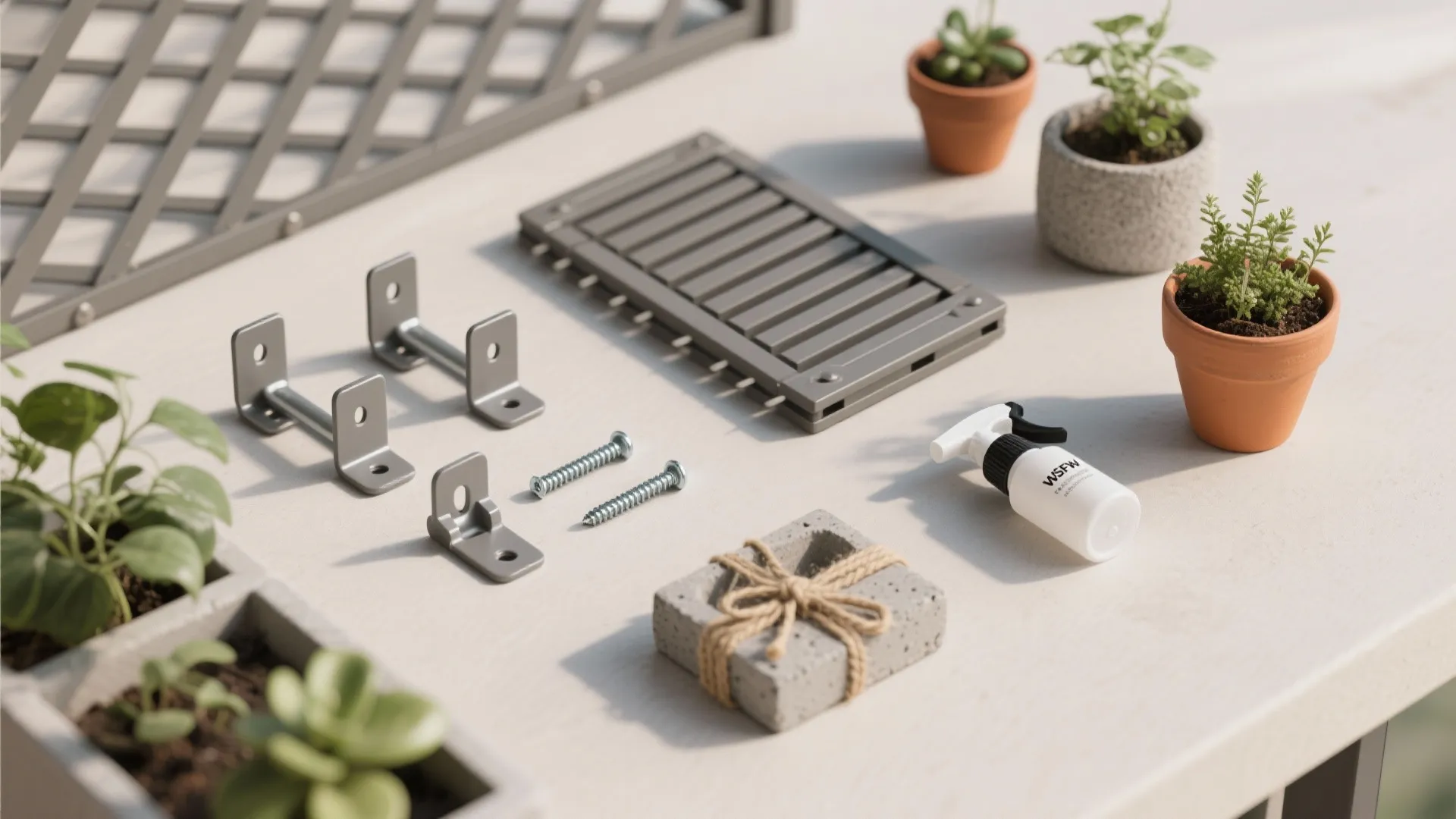 Flat lay of brackets, trellis panel, terracotta pots, fiberstone planters, jute ties, and screws.