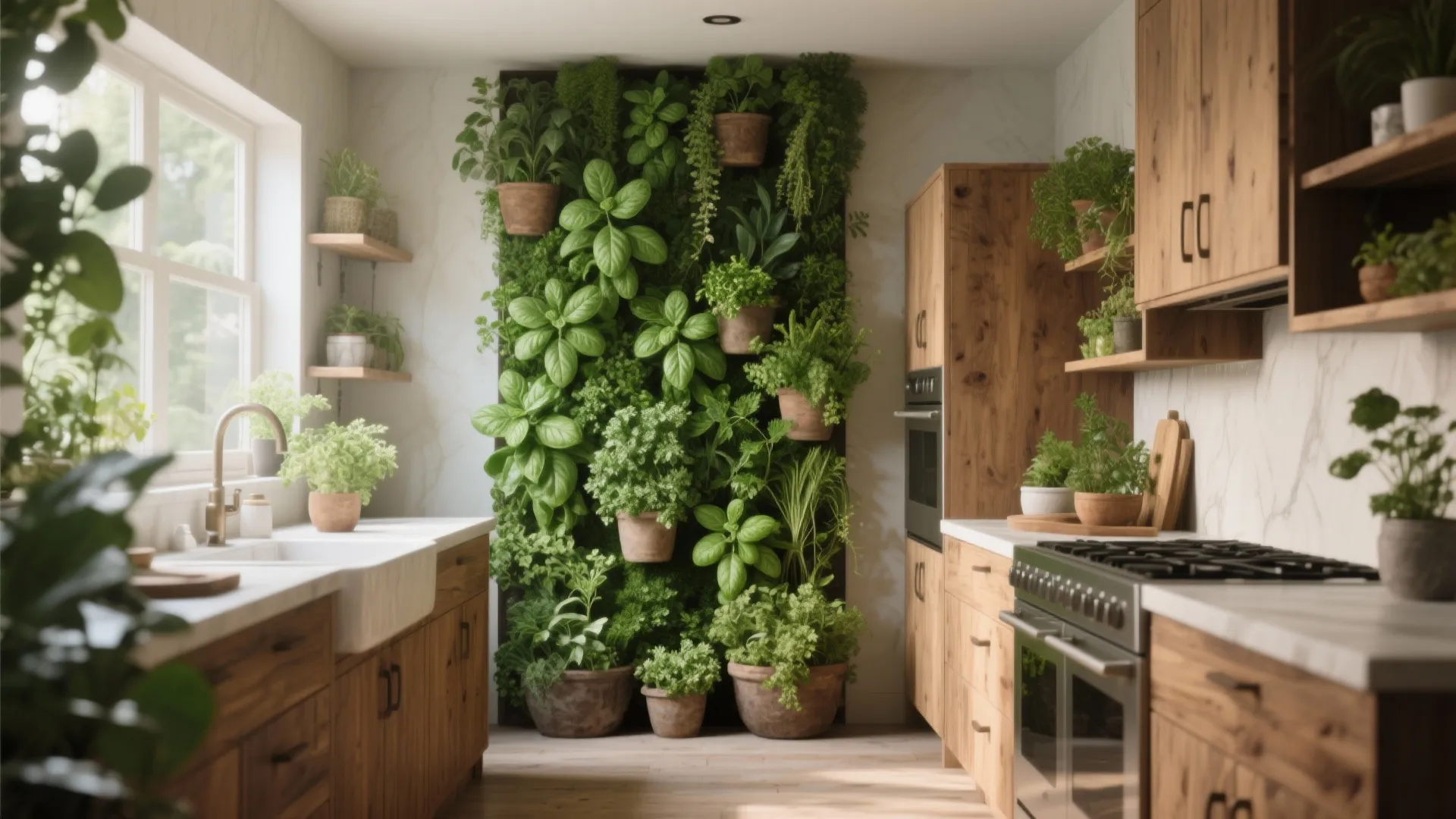 Kitchen interior featuring a lush vertical wall garden with various green plants and wooden cabinets