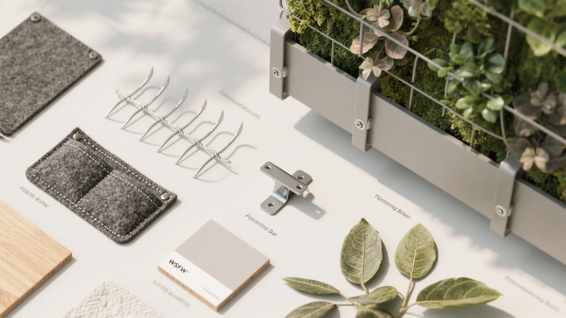 Interior design materials including grey felt fabric metal hooks wood samples and a small vertical garden