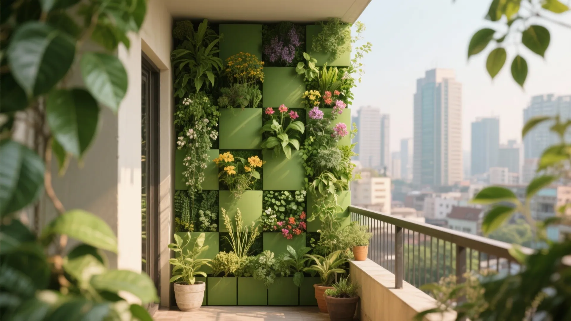 Modern apartment balcony with a large green wall full of colorful flowers and city views