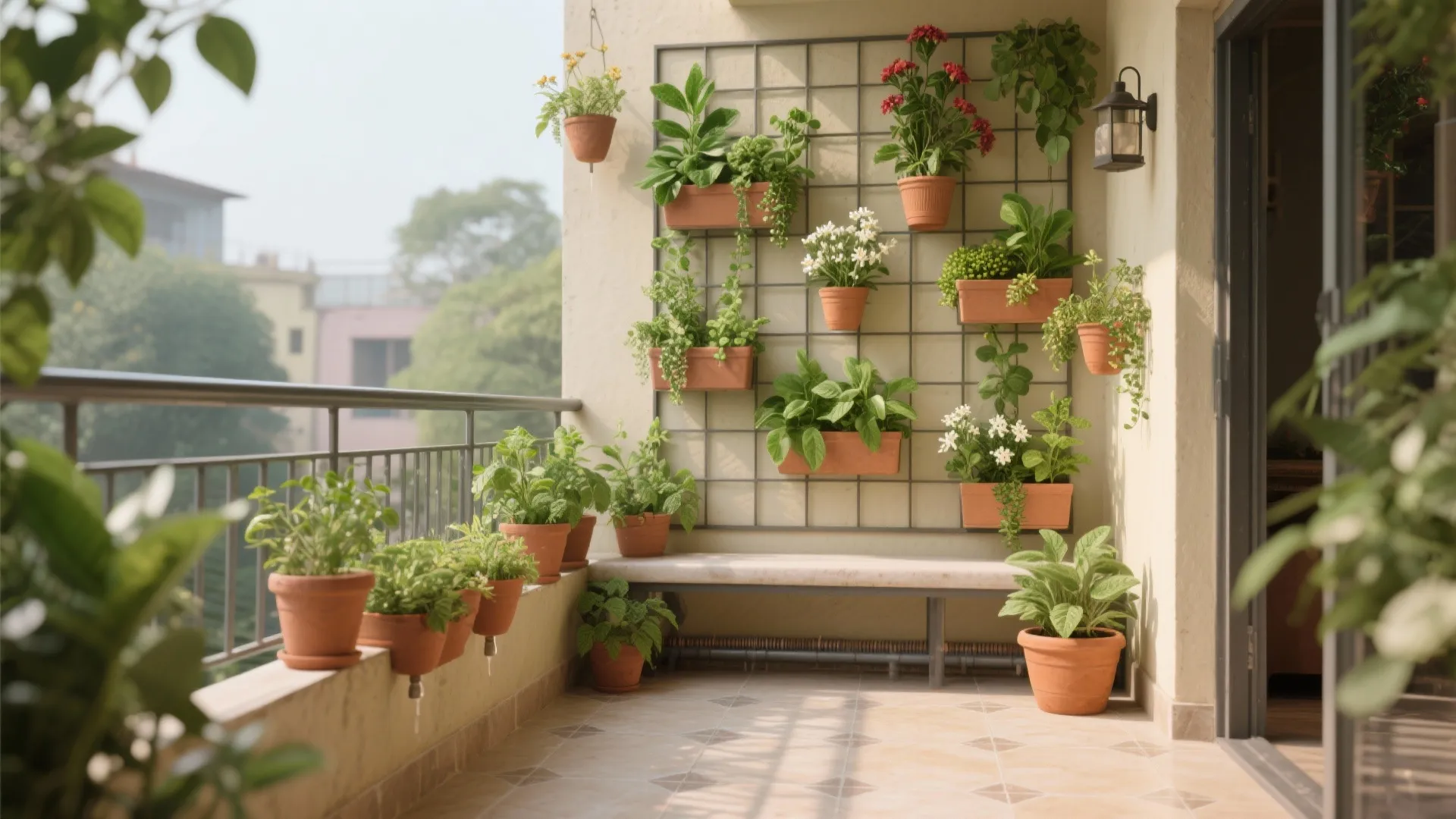 Sunny balcony featuring a vertical wall garden with many green plants in small brown pots