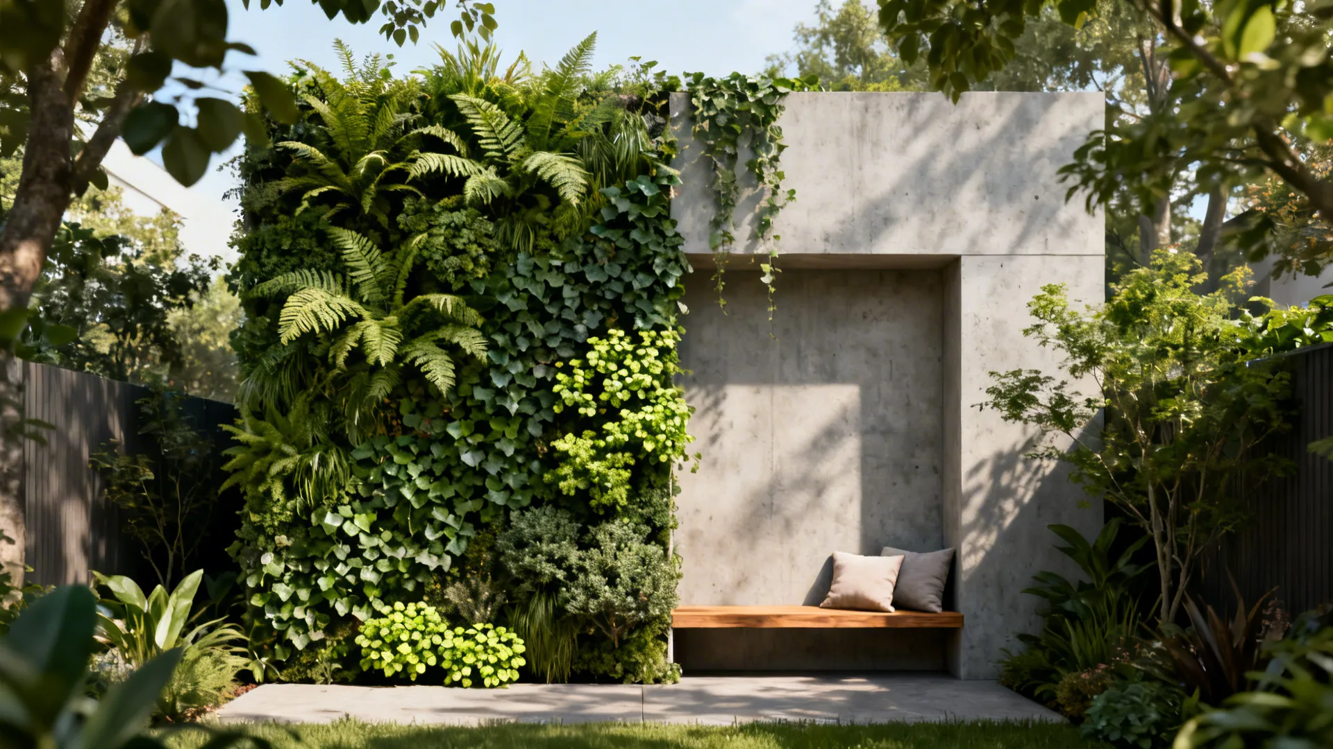 Vertical plant wall with a slim bench creating a private seating nook