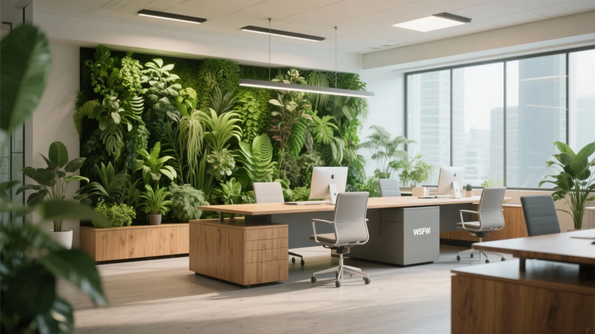 Modern office room with large green plant wall wooden desks white chairs and bright ceiling lights