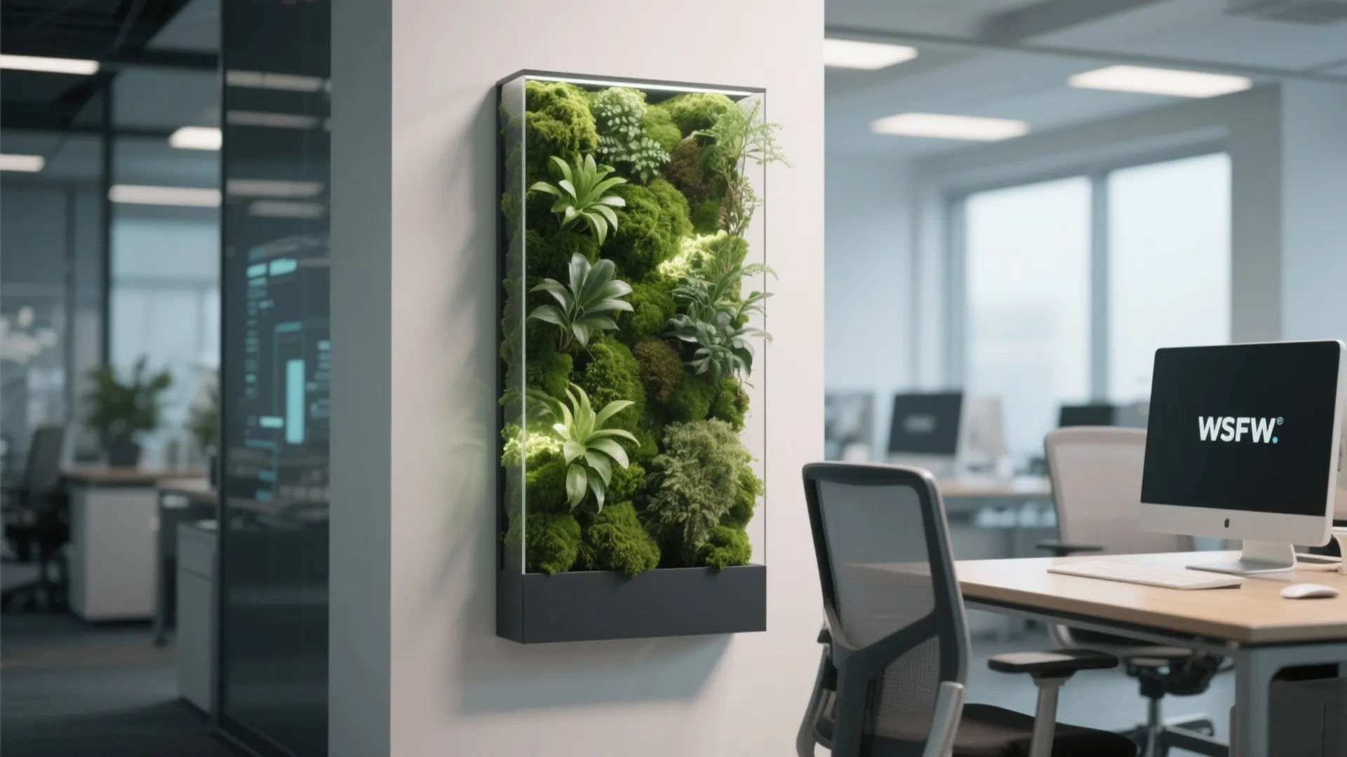 Modern office interior featuring a vertical wall garden with green plants near a work desk