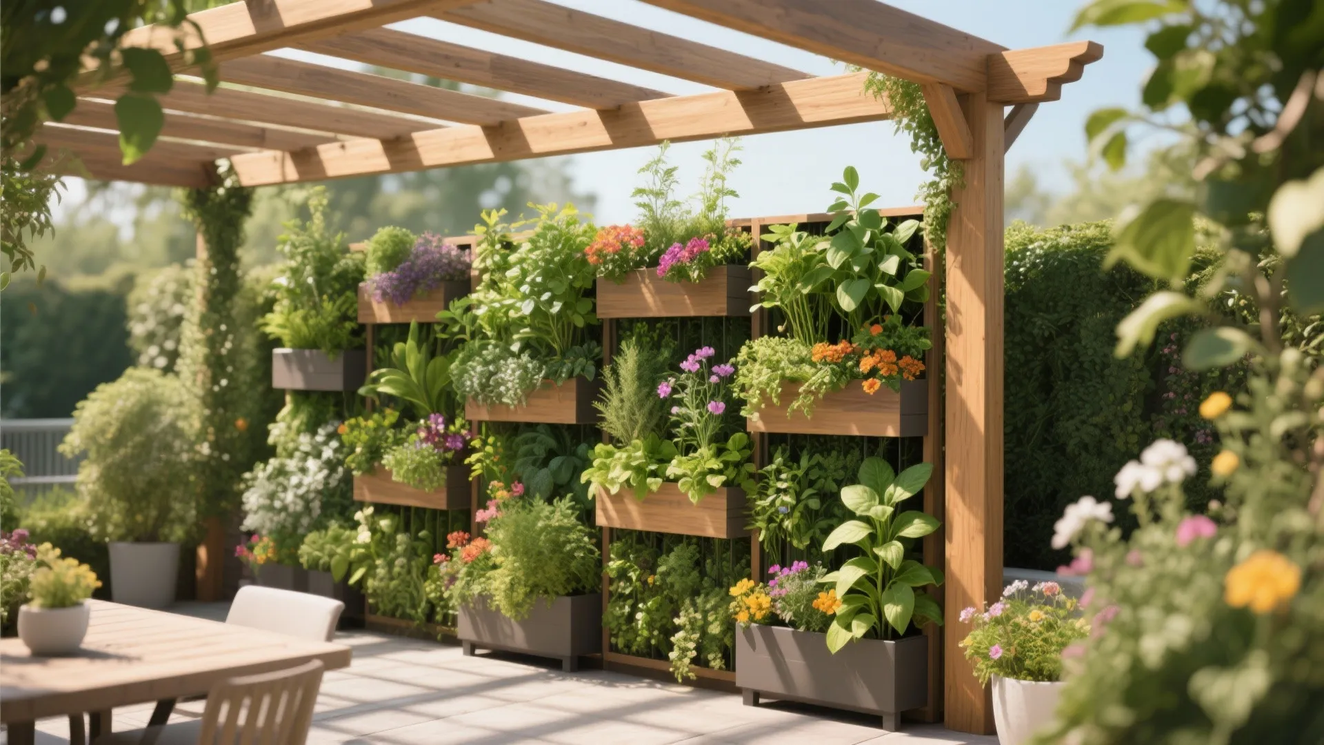 Outdoor wooden garden wall with many flower boxes and green plants under a sunlight wood structure