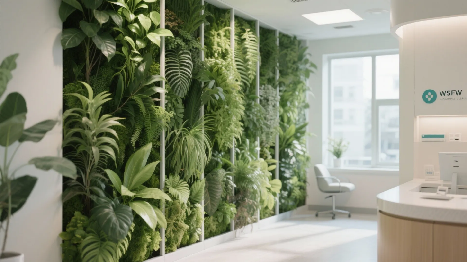 Medical office reception area featuring a large green plant wall and white desk with chair