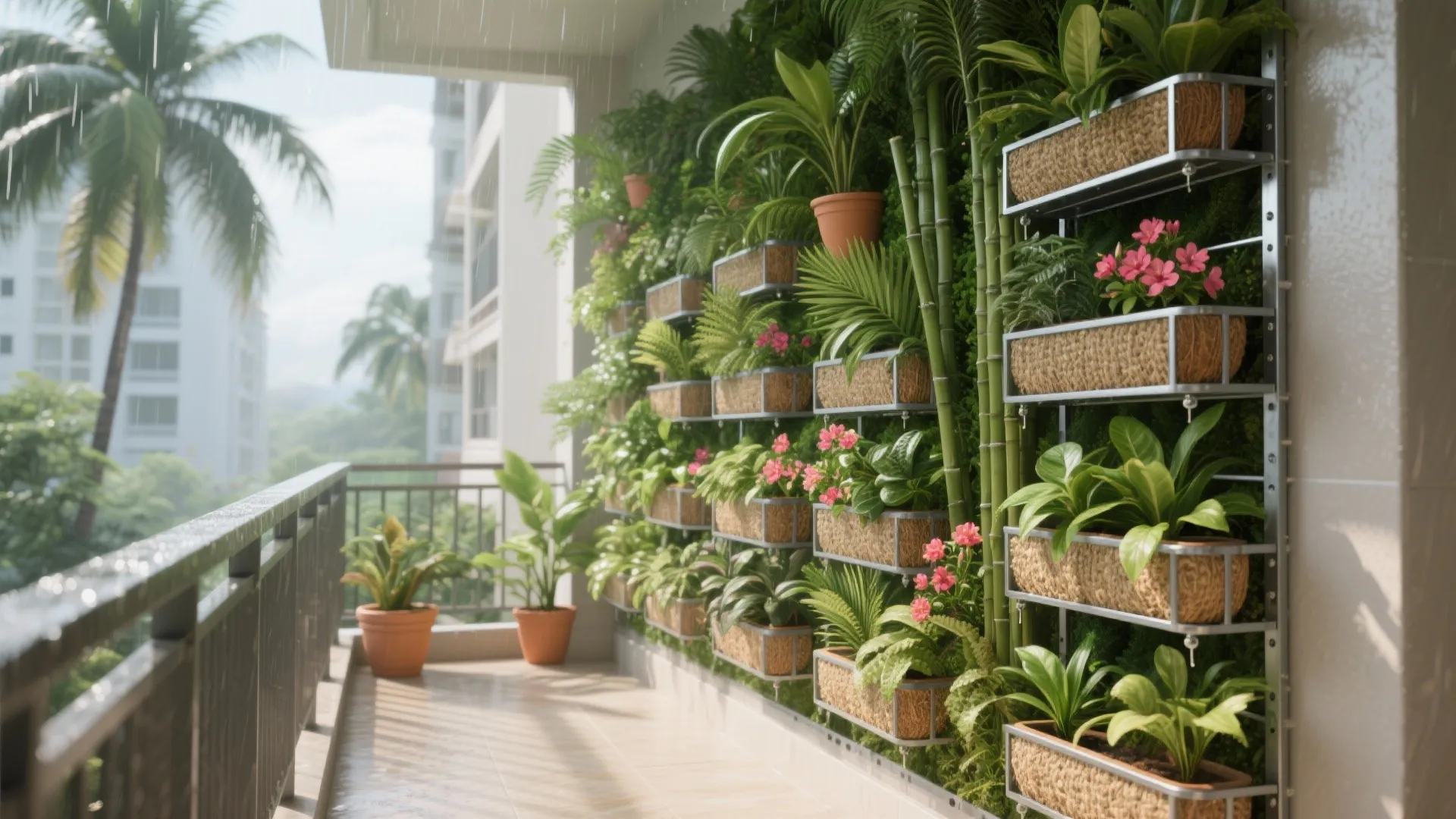 Condo balcony wall with vertical rack and native plants in coconut coir planters, floor clear.
