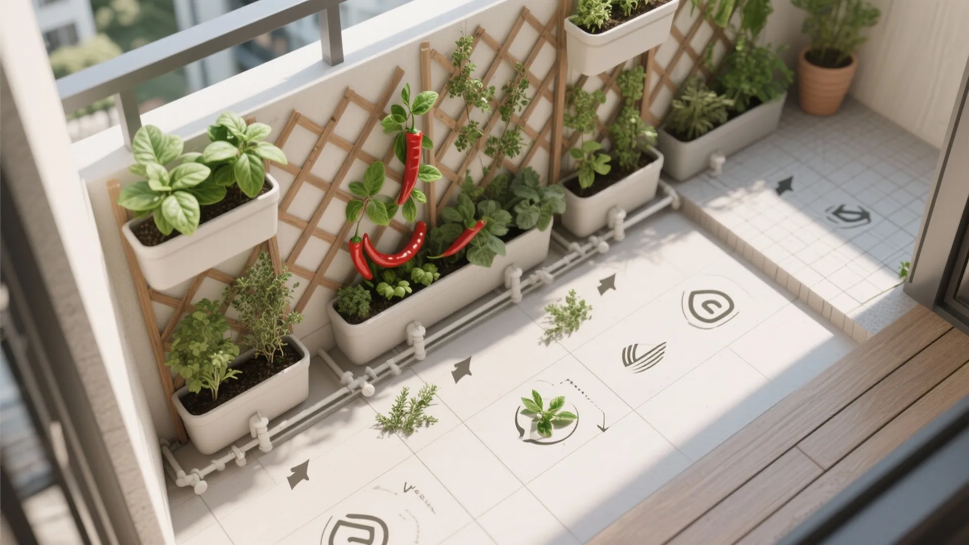 Top-down layout of a balcony herb wall with planters and irrigation routes.