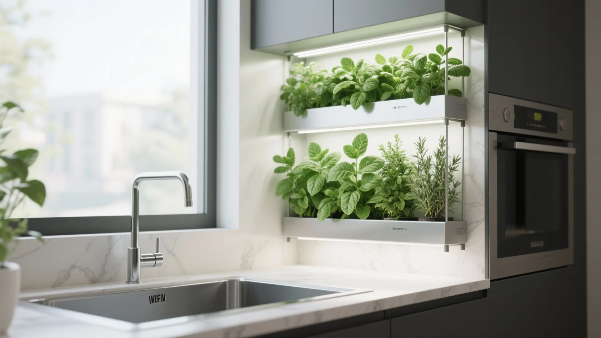 Clean kitchen space with stainless steel sink and indoor herb garden growing under built-in cabinet lights