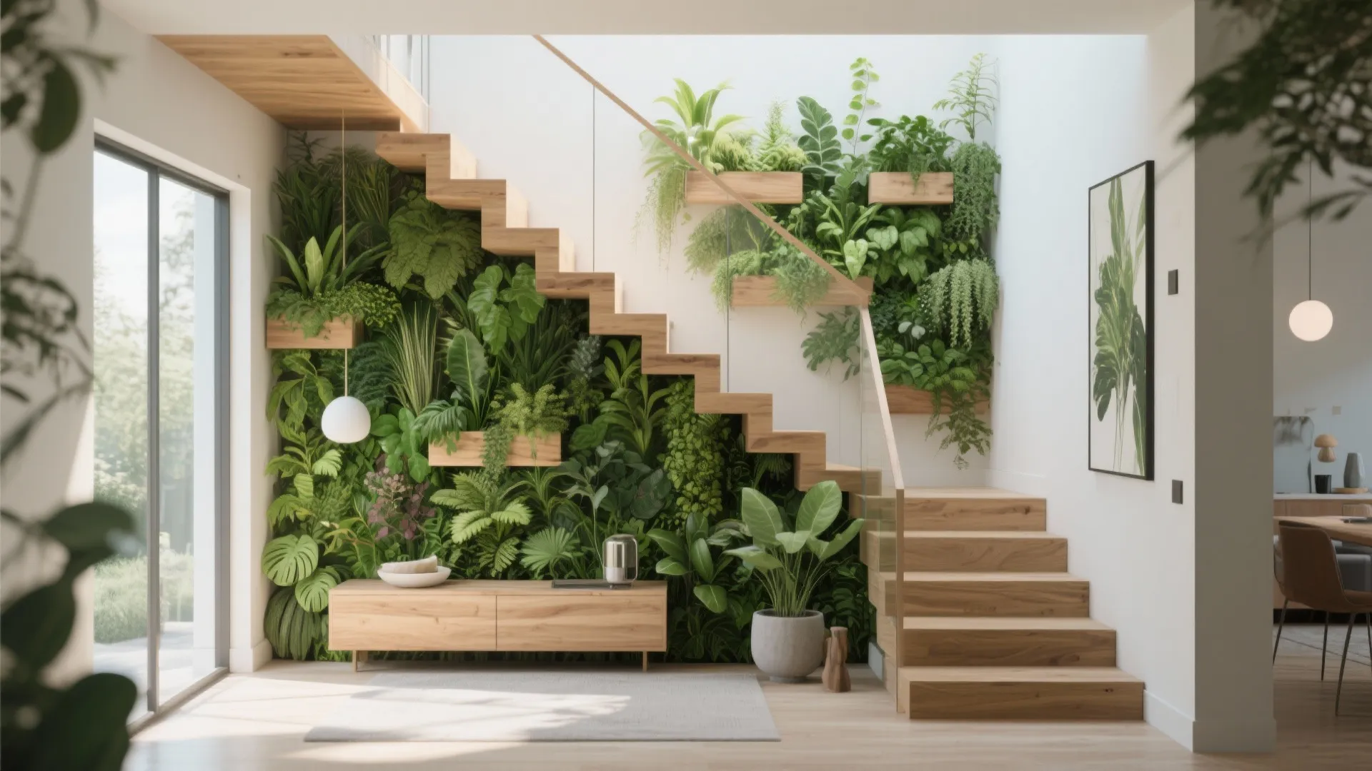 Indoor vertical garden wall with many green plants located behind a light wood modern staircase