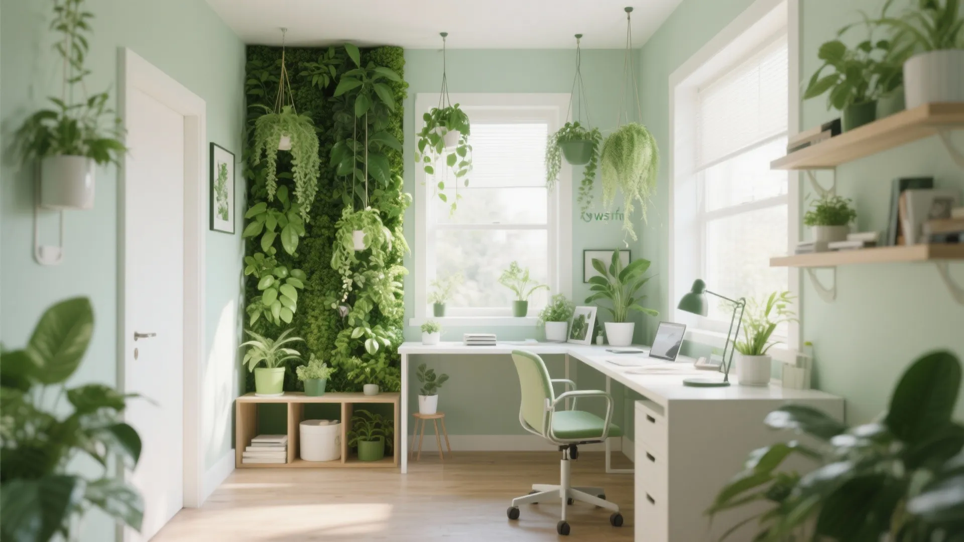 Bright home office with green walls many hanging plants a white desk and large window