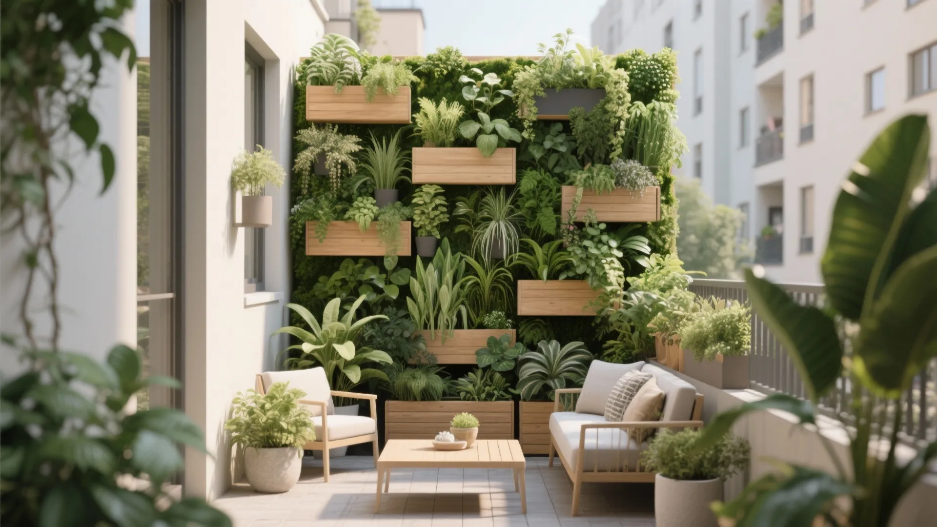 Vertical garden wall on compact terrace with modular planters