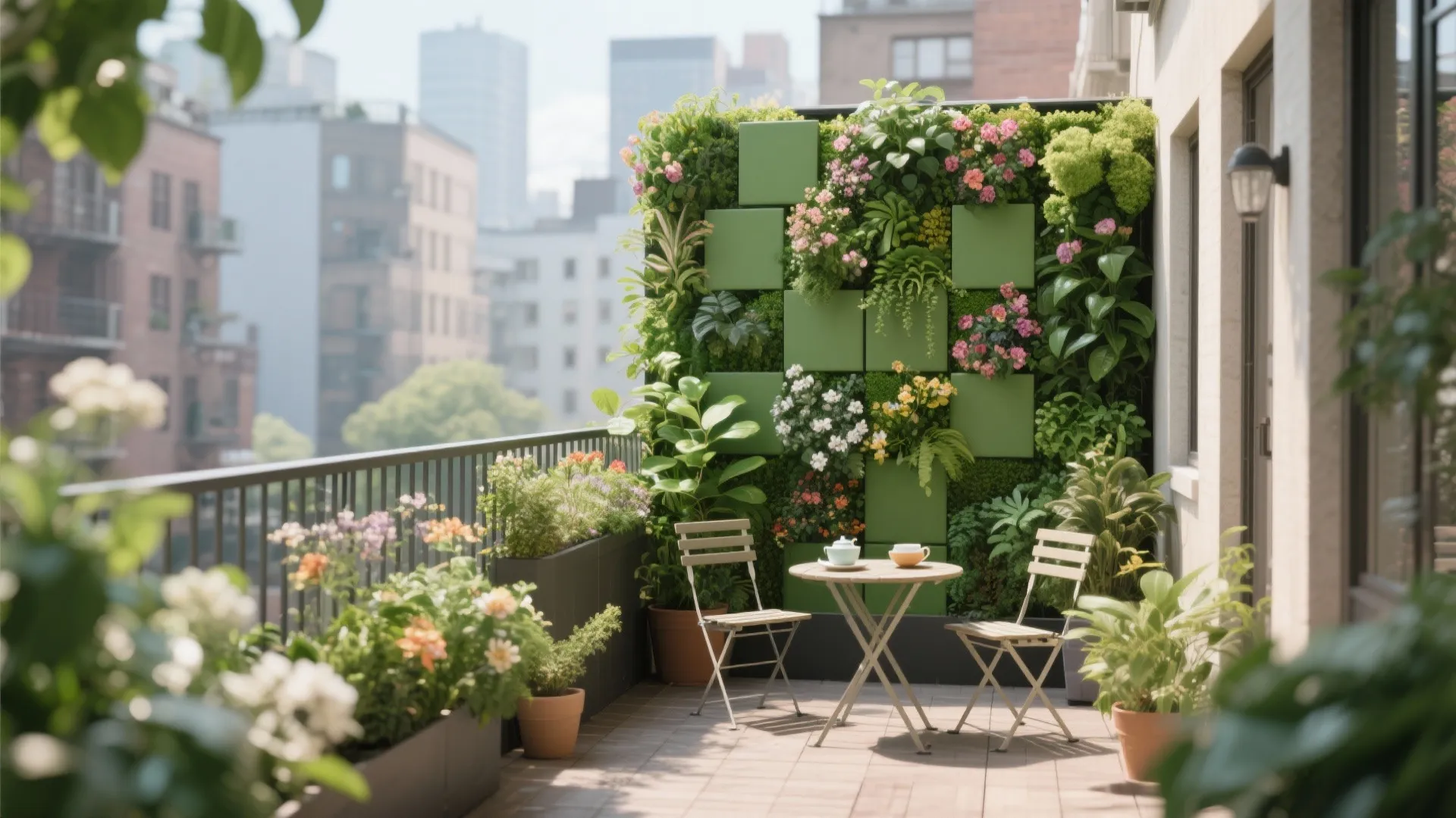 Sunny balcony featuring vertical green wall with flowers small round table chairs and potted plants