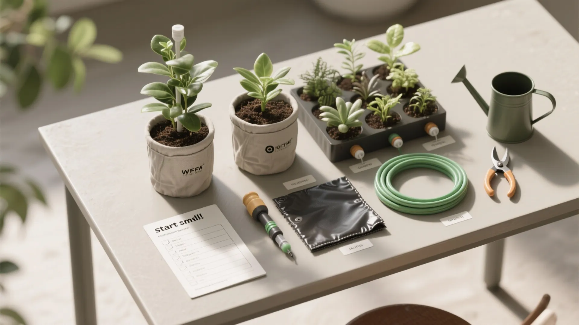 Top-down layout of a starter vertical gardening kit with checklist, fabric pots, and irrigation components.