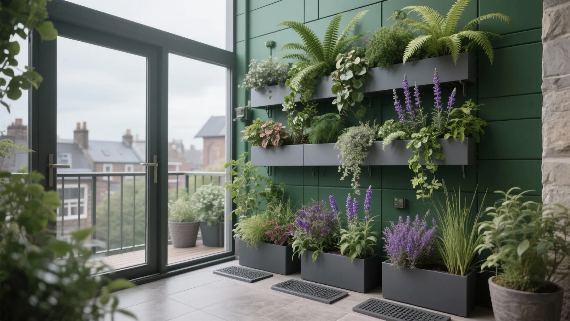 Indoor balcony vertical garden with green wall panels and many grey planters holding various plants