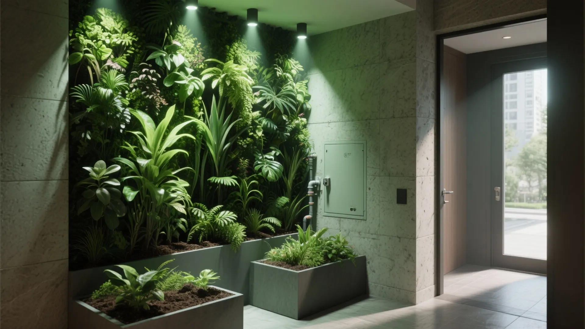 Indoor wall garden with various green plants highlighted by ceiling light fixtures in modern hallway