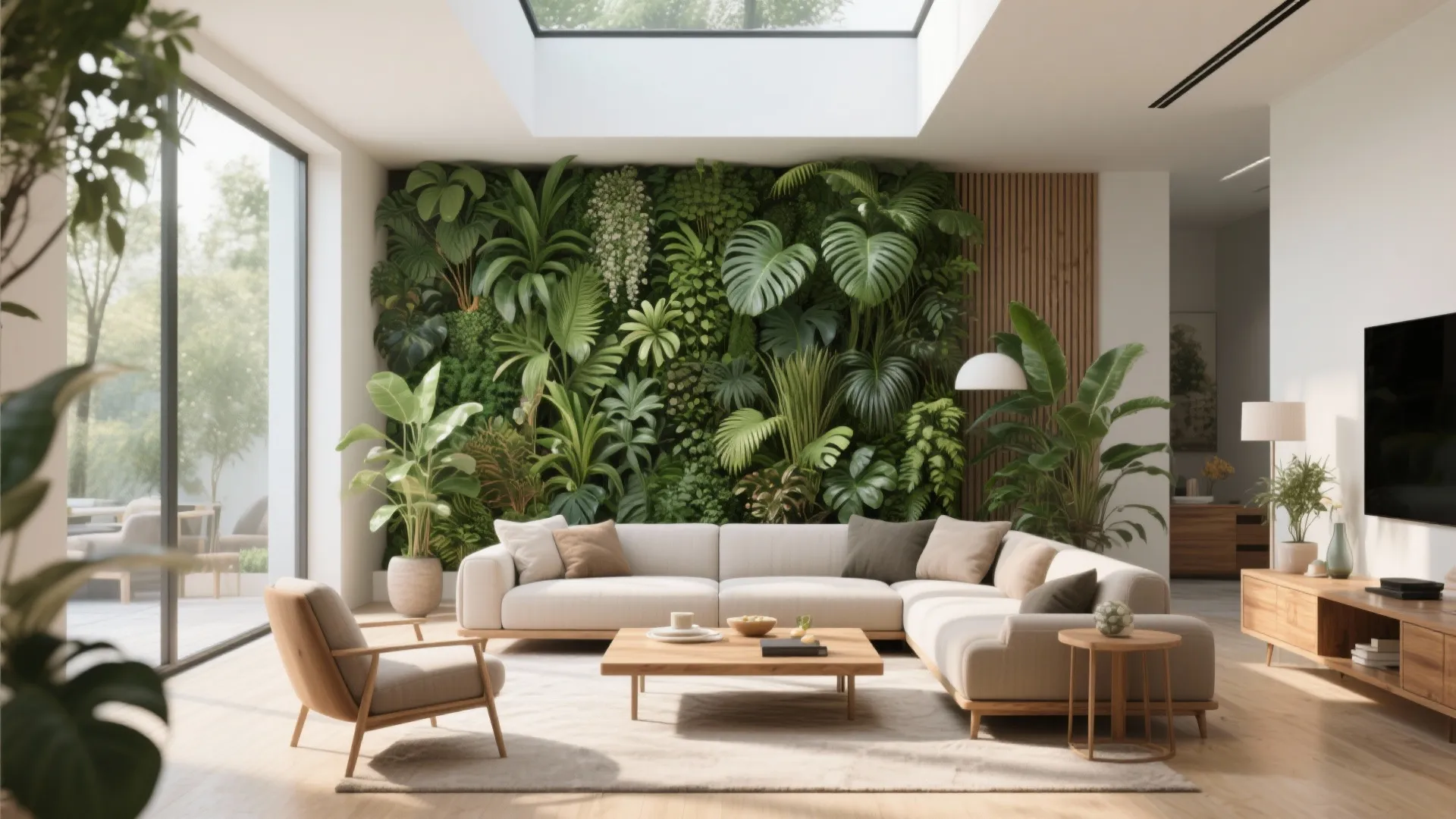 Lush vertical garden wall in modern living room