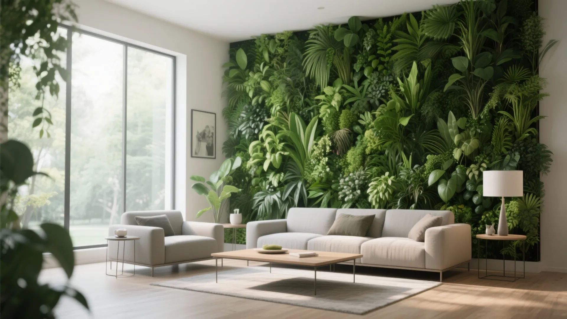 Living room with lush vertical garden accent wall